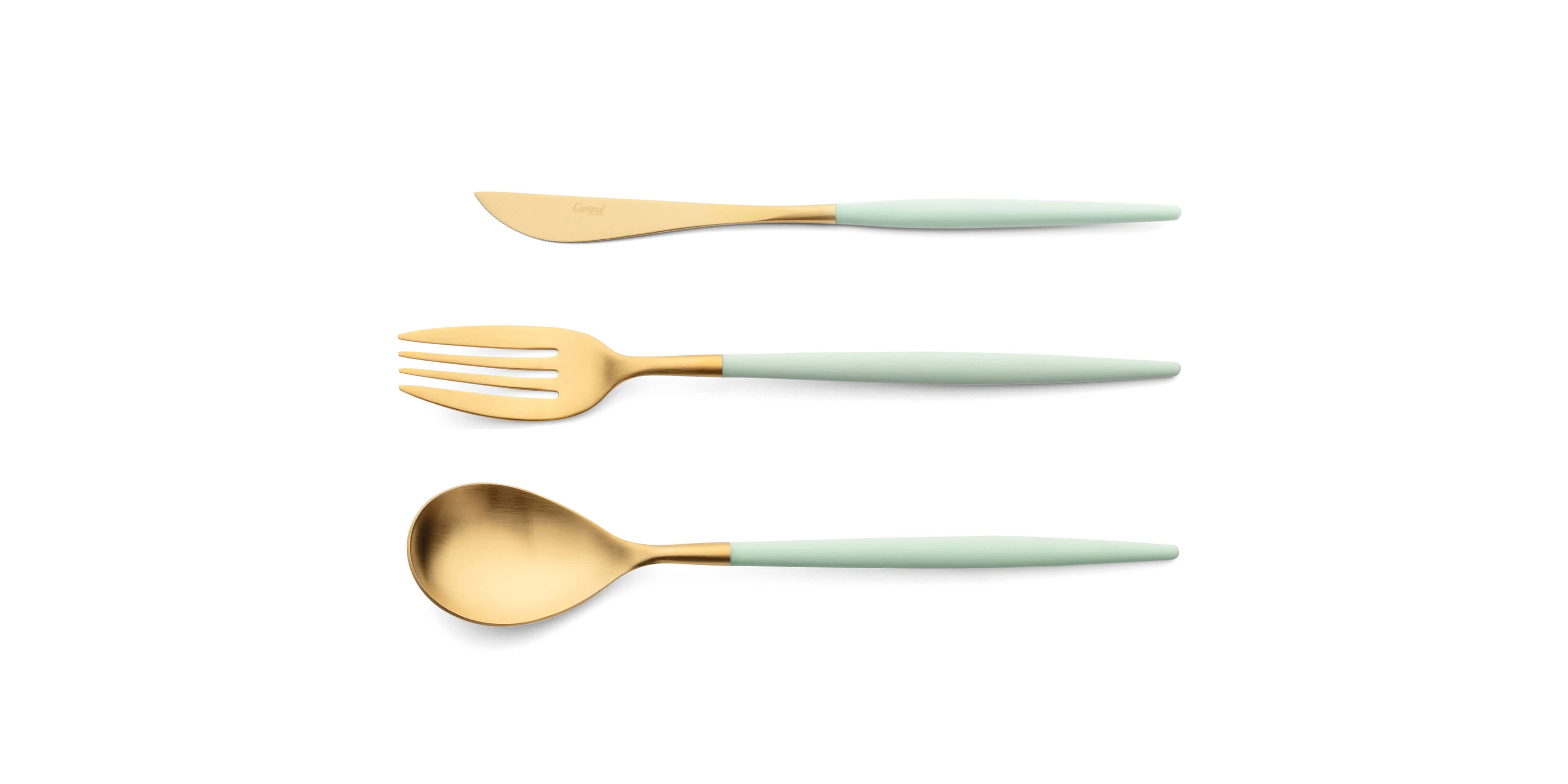Serving spoon, serving fork and serving knife Cutipol Mio Celadon Gold
