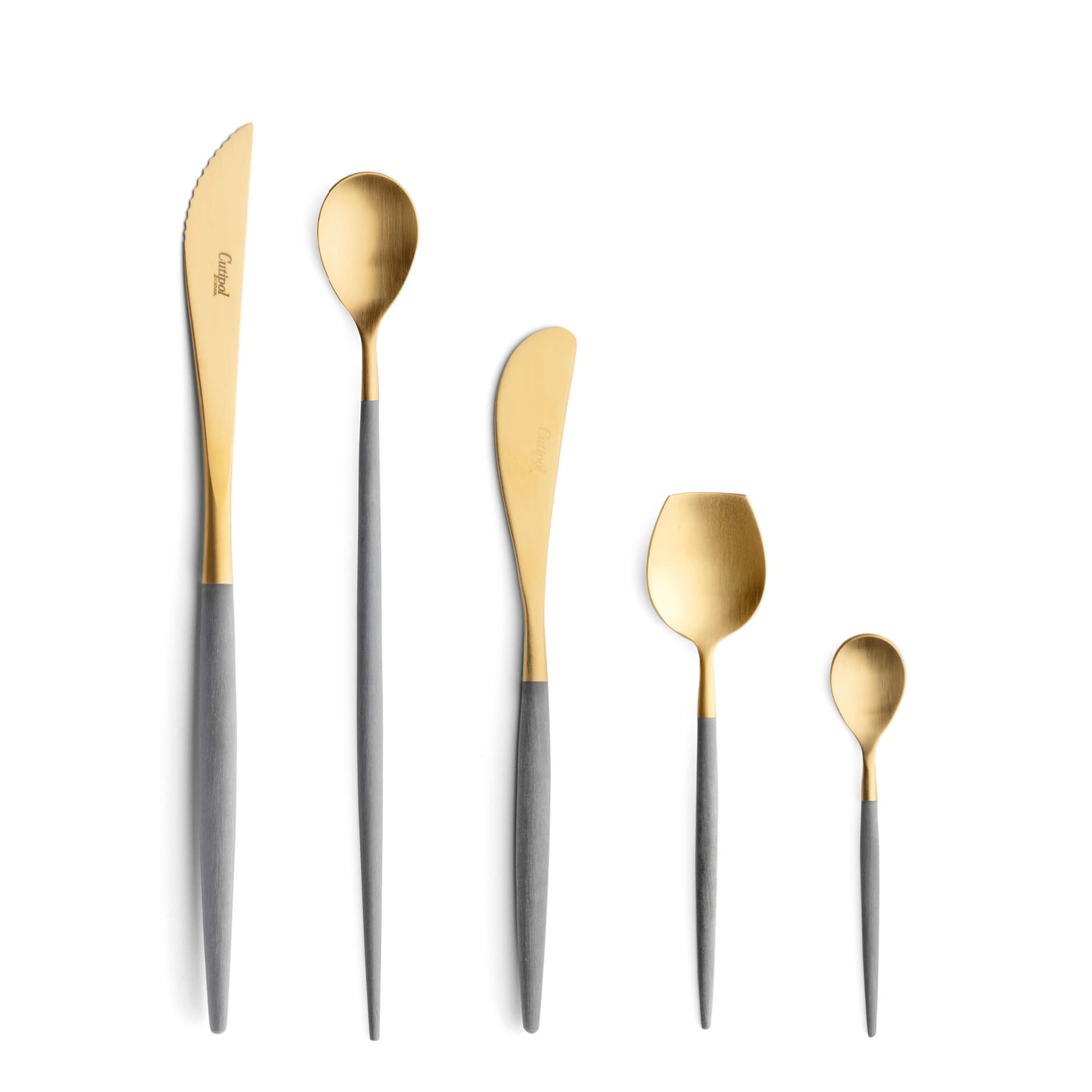 Cutipol Cutlery Mio Grey Gold with steak knife, long drink spoon, butter knife, sugar spoon and moka spoon