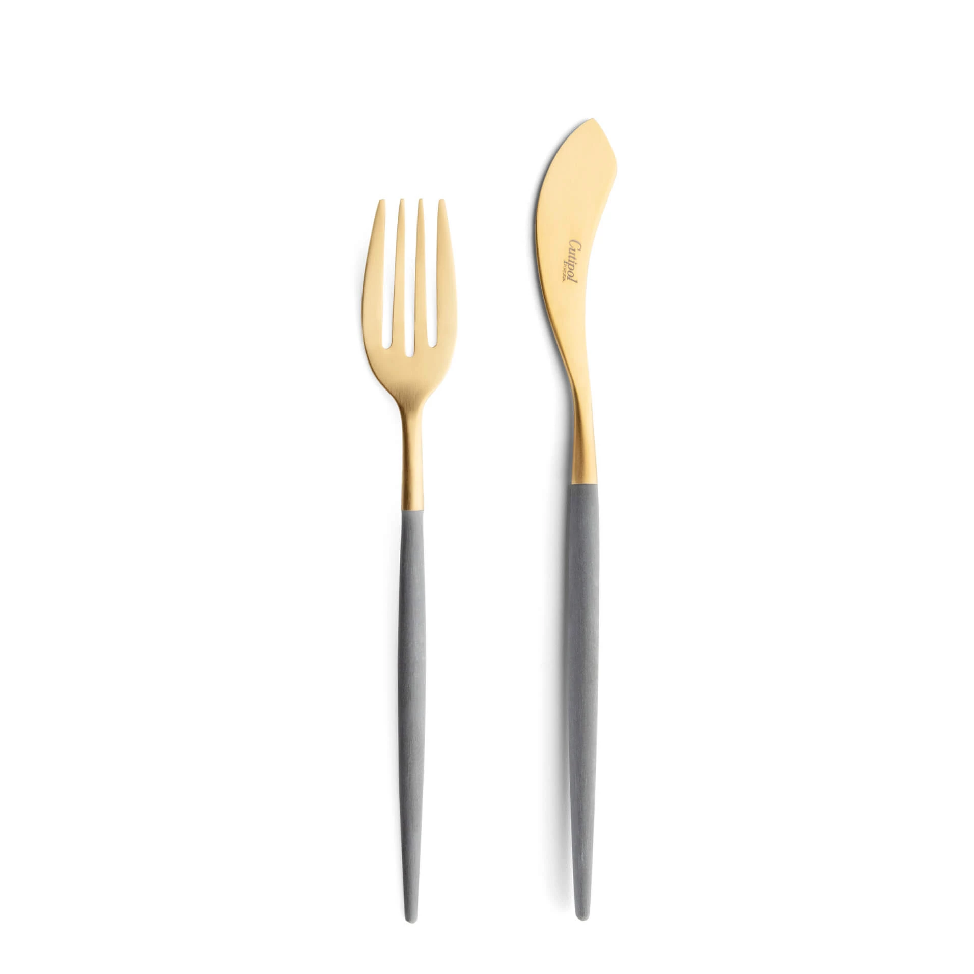 Talheres Cutipol Mio Grey dourado com garfo de peixe e faca de peixe