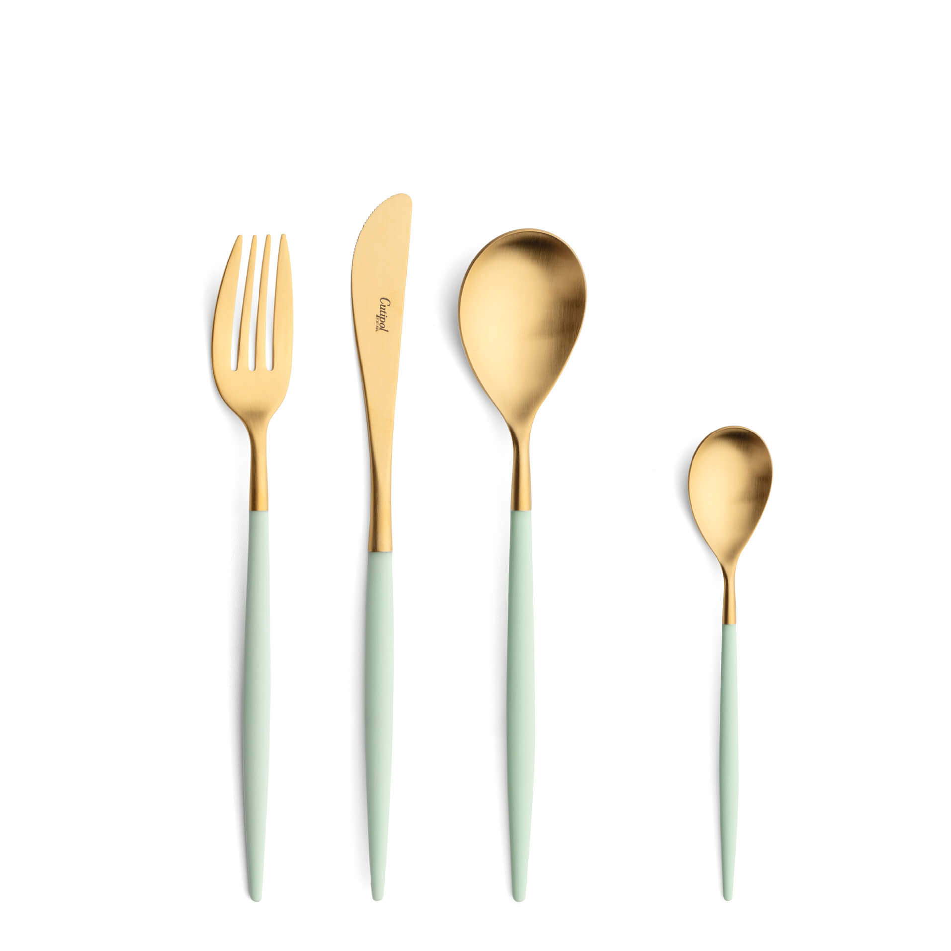Talheres Cutipol Mio Celadon dourado com garfo de sobremesa, faca de sobremesa, colher de sobremesa e colher de chá