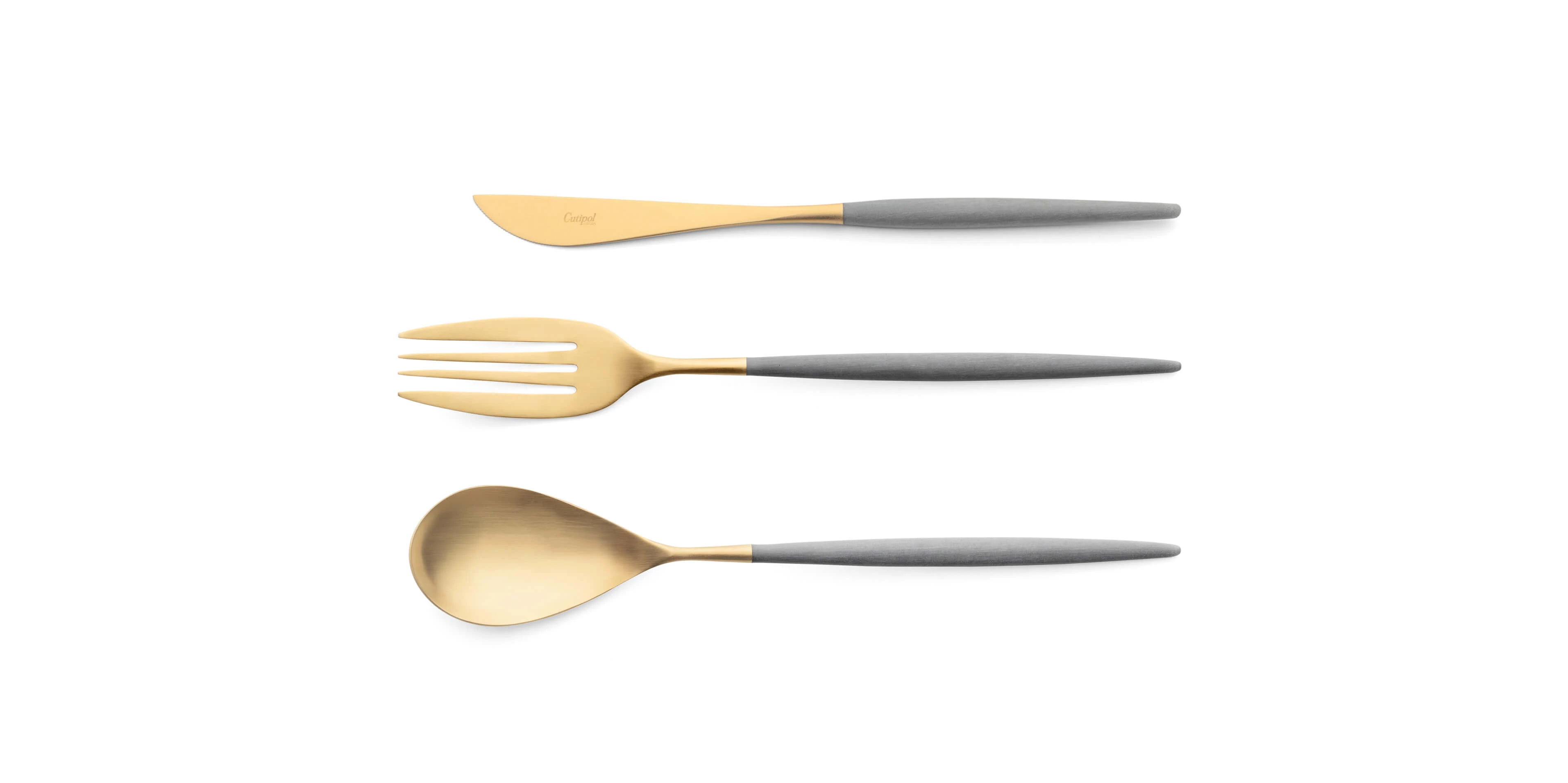 Colher de servir, garfo de servir e faca de servir Cutipol Mio Grey dourado