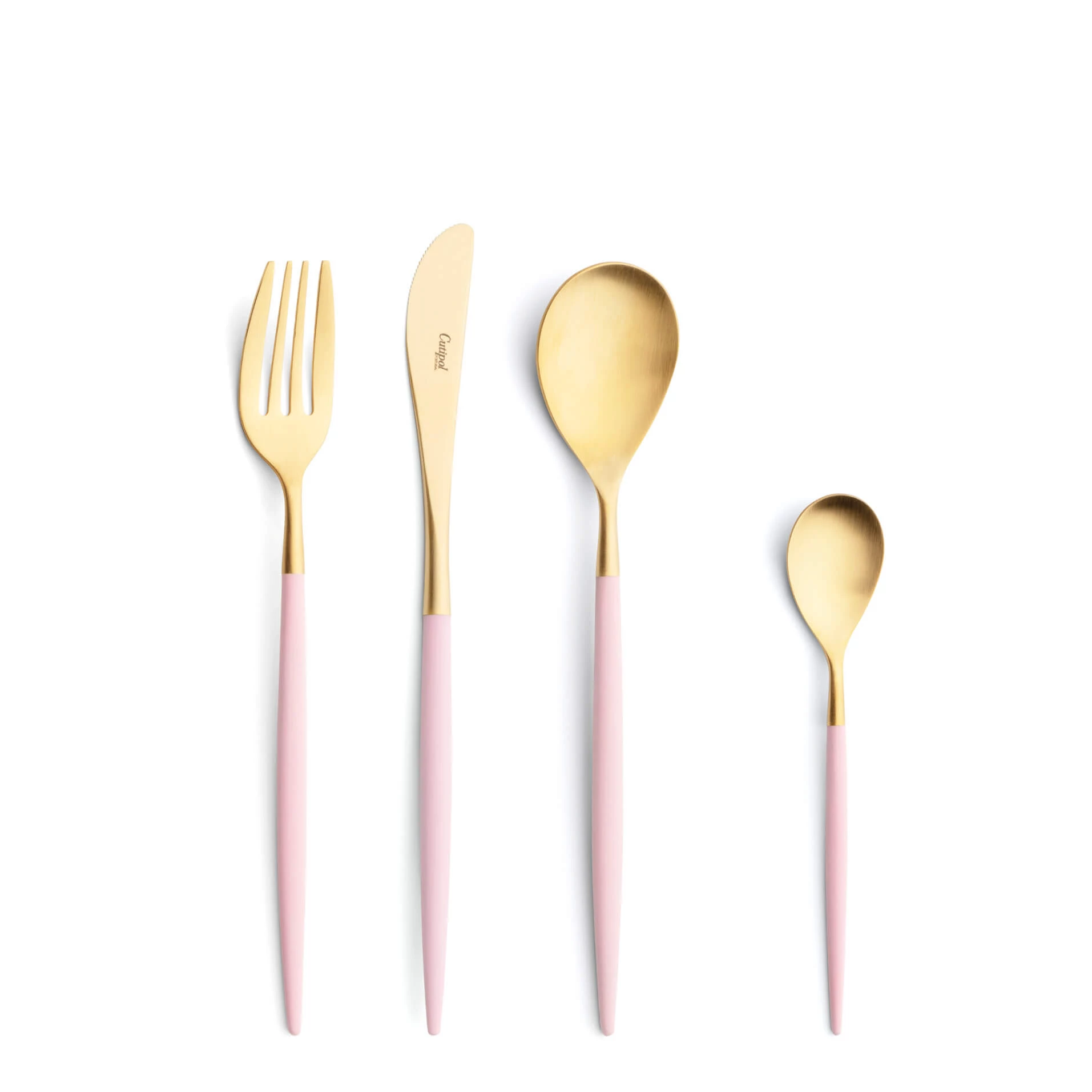Talheres Cutipol Mio Pink dourado com garfo de sobremesa, faca de sobremesa, colher de sobremesa e colher de chá