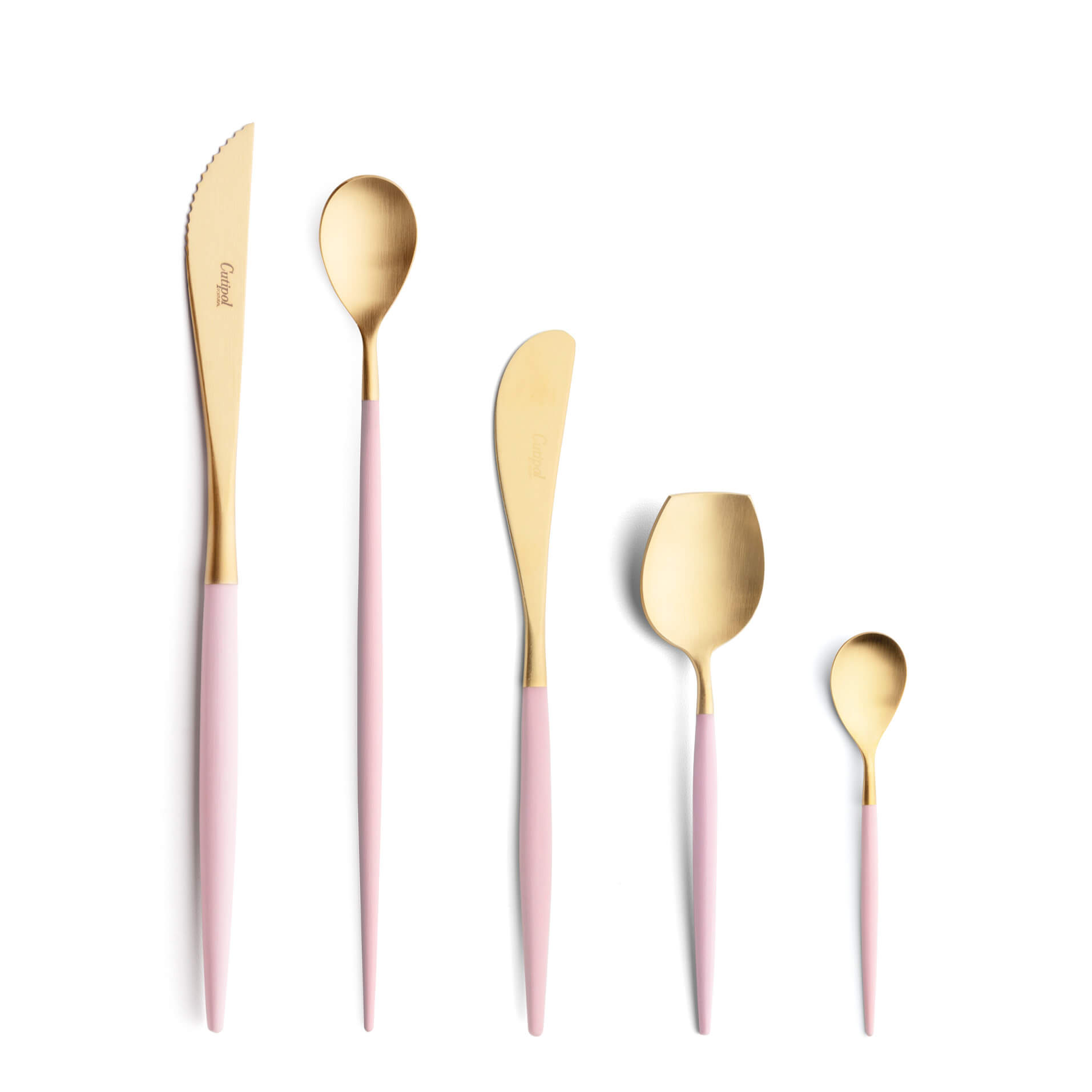 Faca de bife, colher de refresco, faca de manteiga, colher de açúcar e colher de café Cutipol Mio Pink dourado