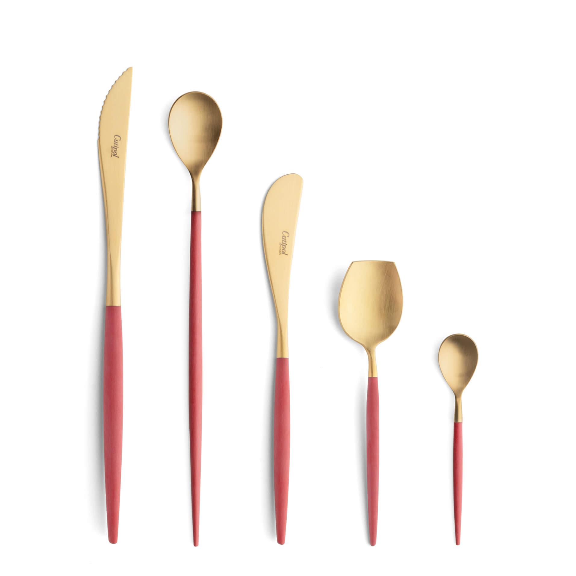 Cutipol Cutlery Mio Red Gold with steak knife, long drink spoon, butter knife, sugar spoon and moka spoon