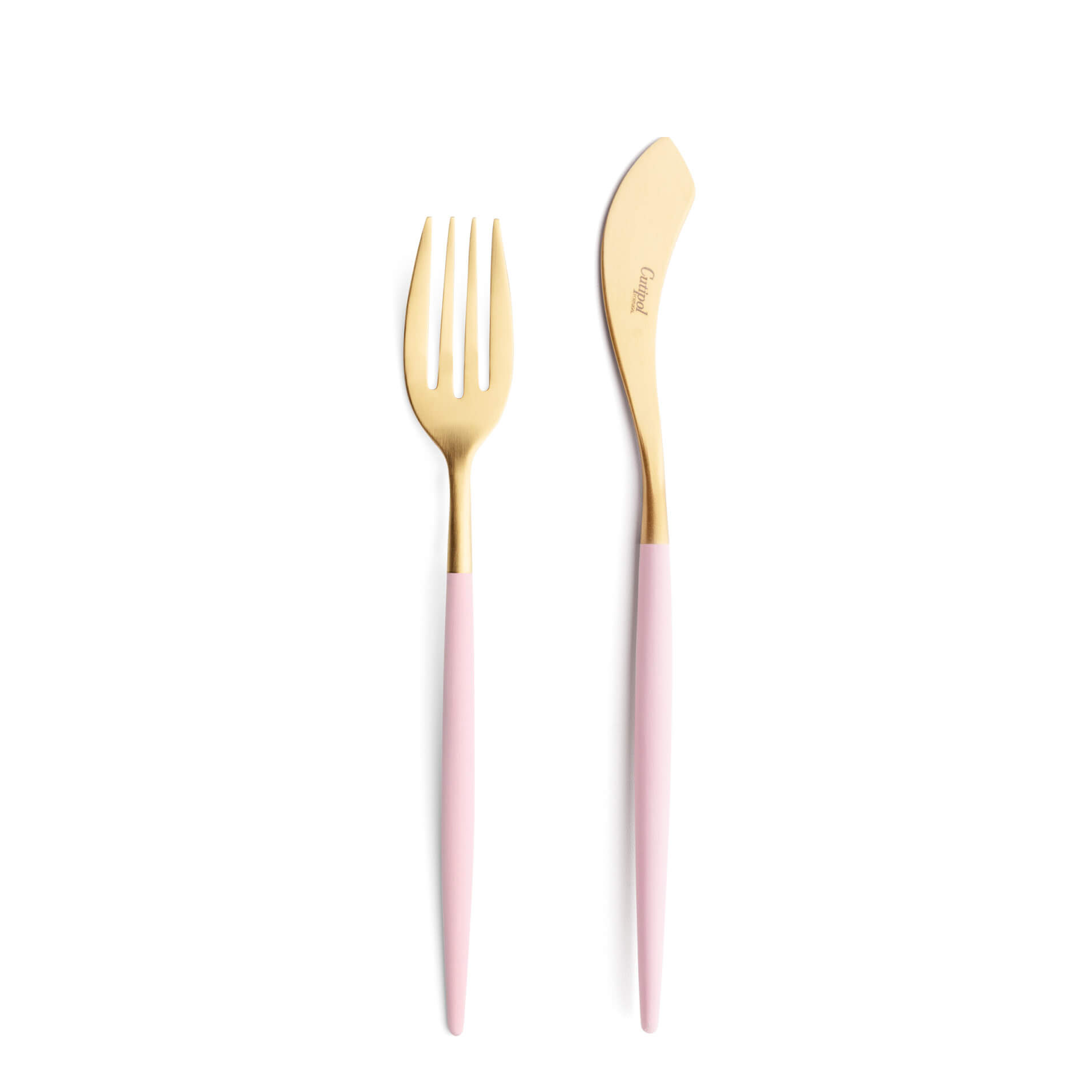 Talheres Cutipol Mio Pink dourado com garfo de peixe e faca de peixe