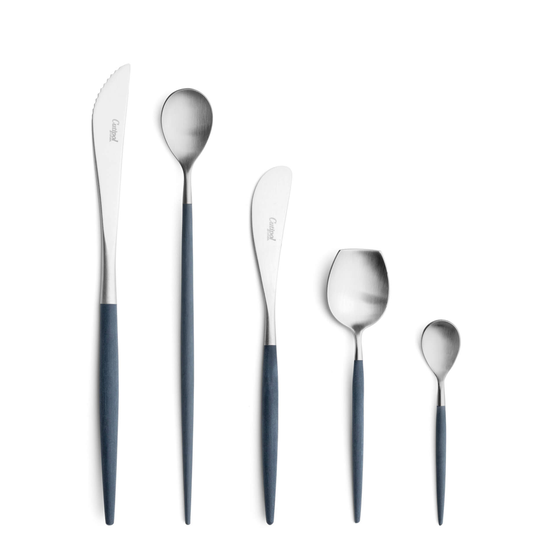 Cutipol Cutlery Mio Blue with steak knife, long drink spoon, butter knife, sugar spoon and moka spoon