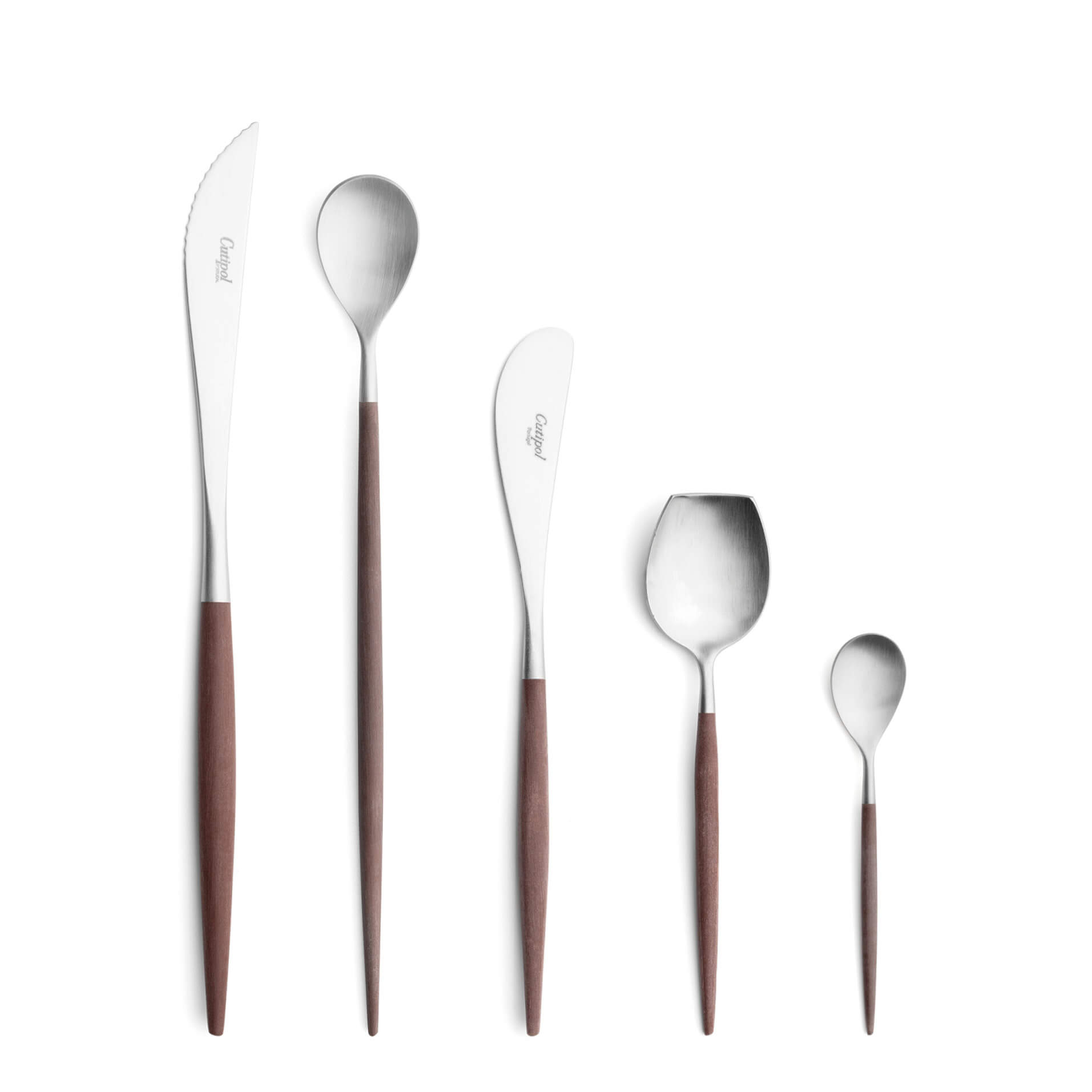 Cutipol Cutlery Mio Brown with steak knife, long drink spoon, butter knife, sugar spoon and moka spoon