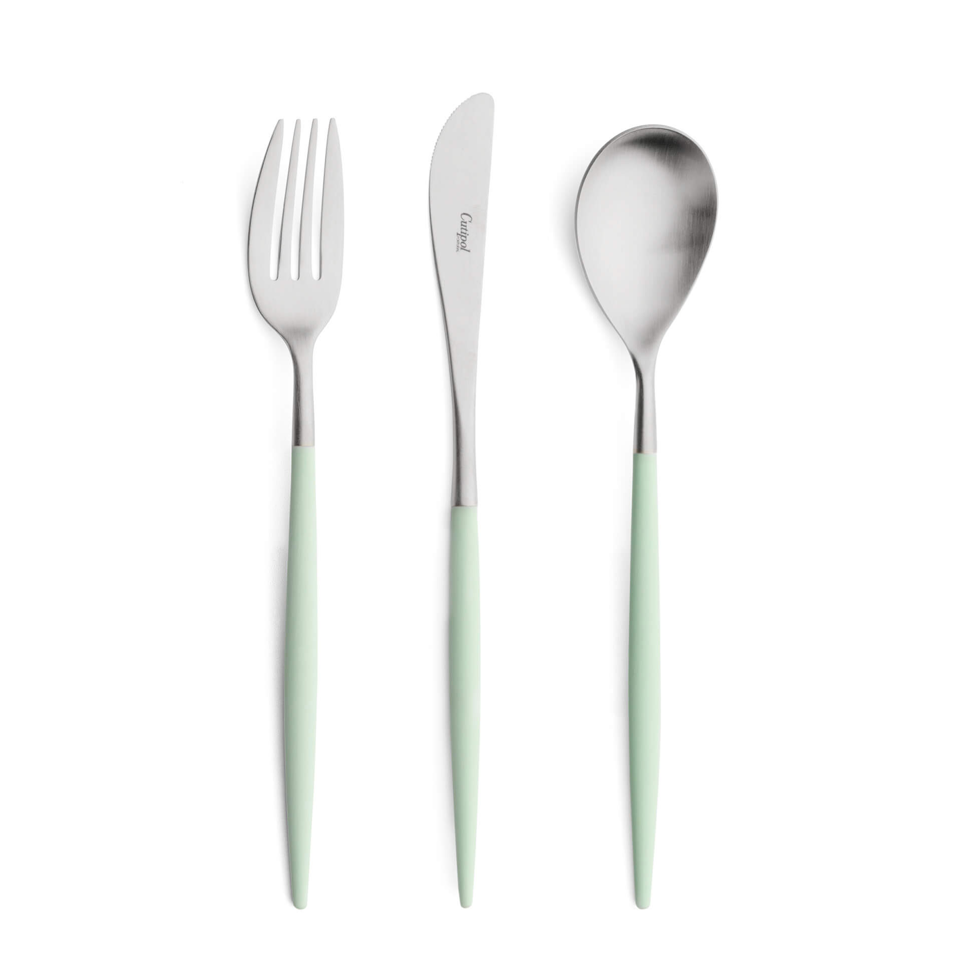 Talheres Cutipol Mio Celadon com garfo de mesa, faca de mesa e colher de mesa