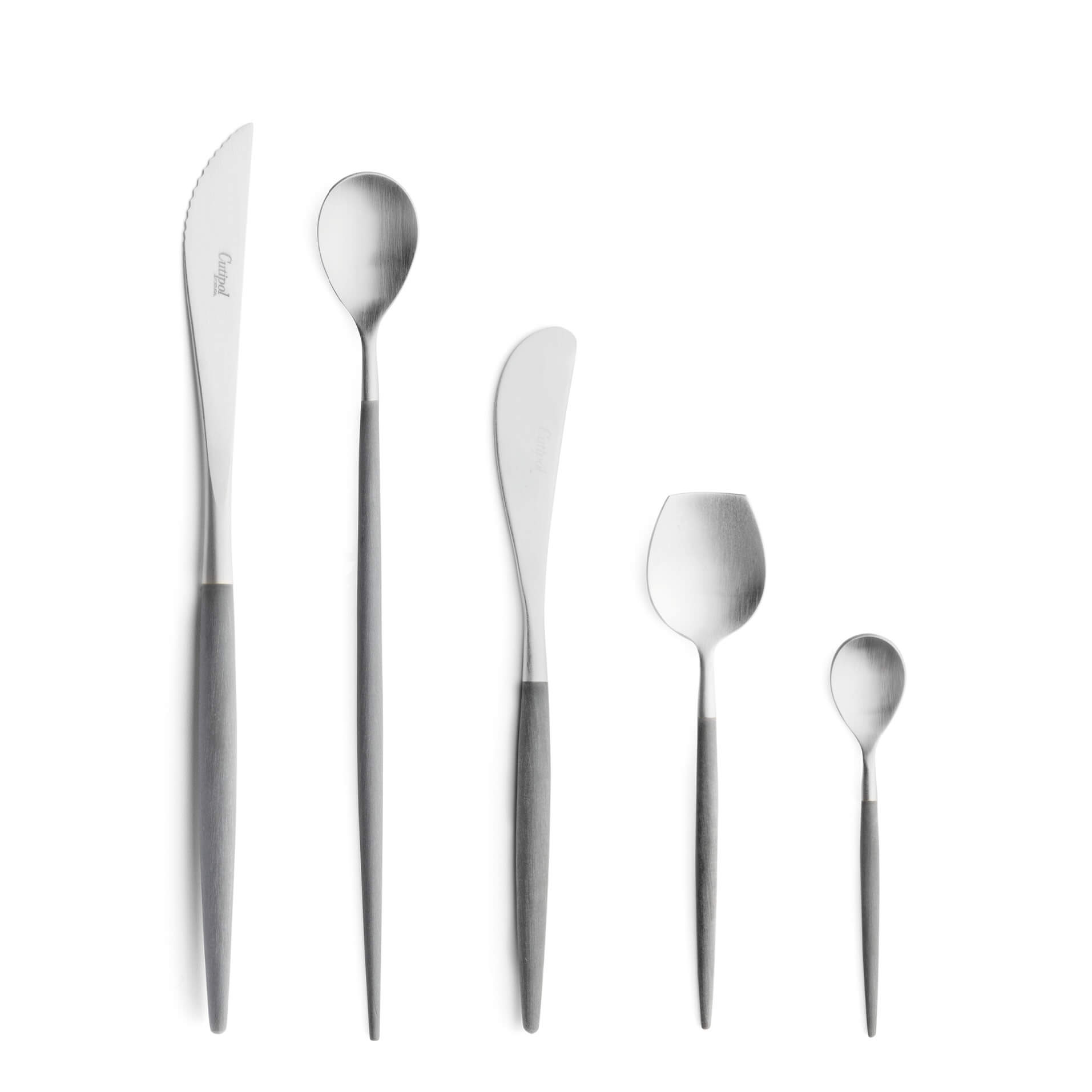 Cutipol Cutlery Mio Grey with steak knife, long drink spoon, butter knife, sugar spoon and moka spoon