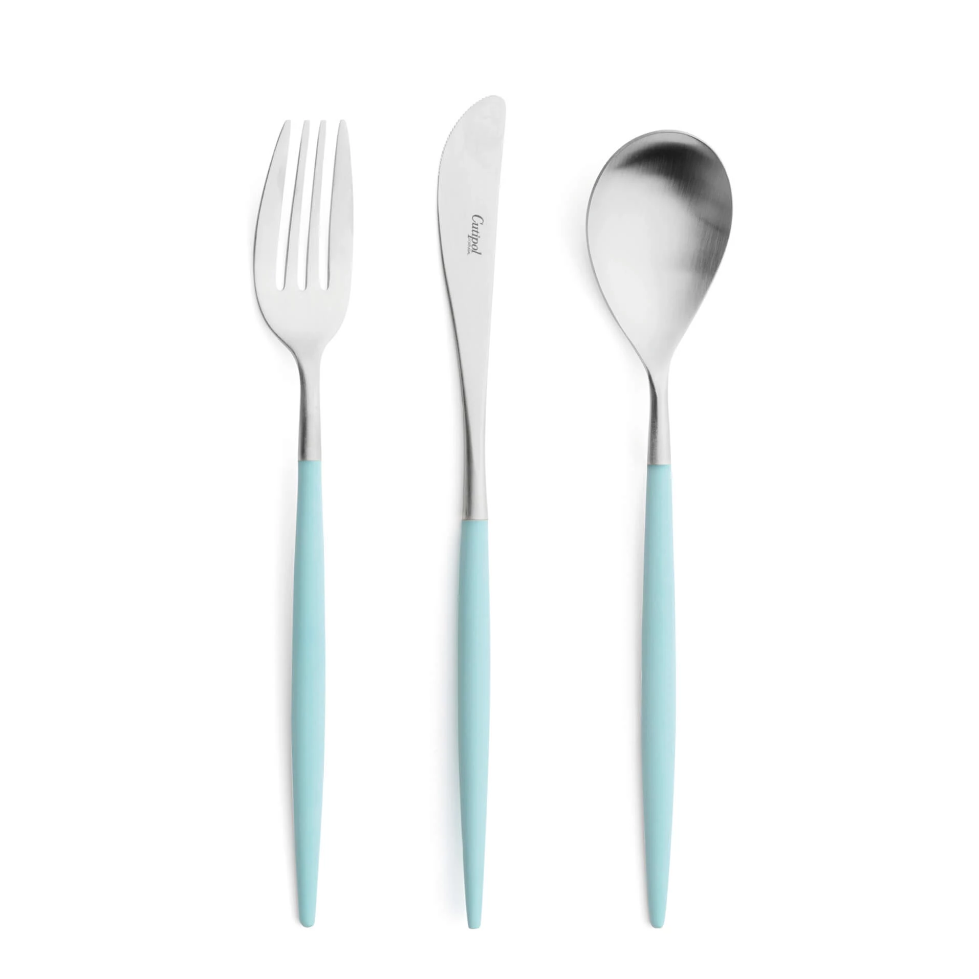 Talheres Cutipol Mio Turquoise com garfo de mesa, faca de mesa e colher de mesa
