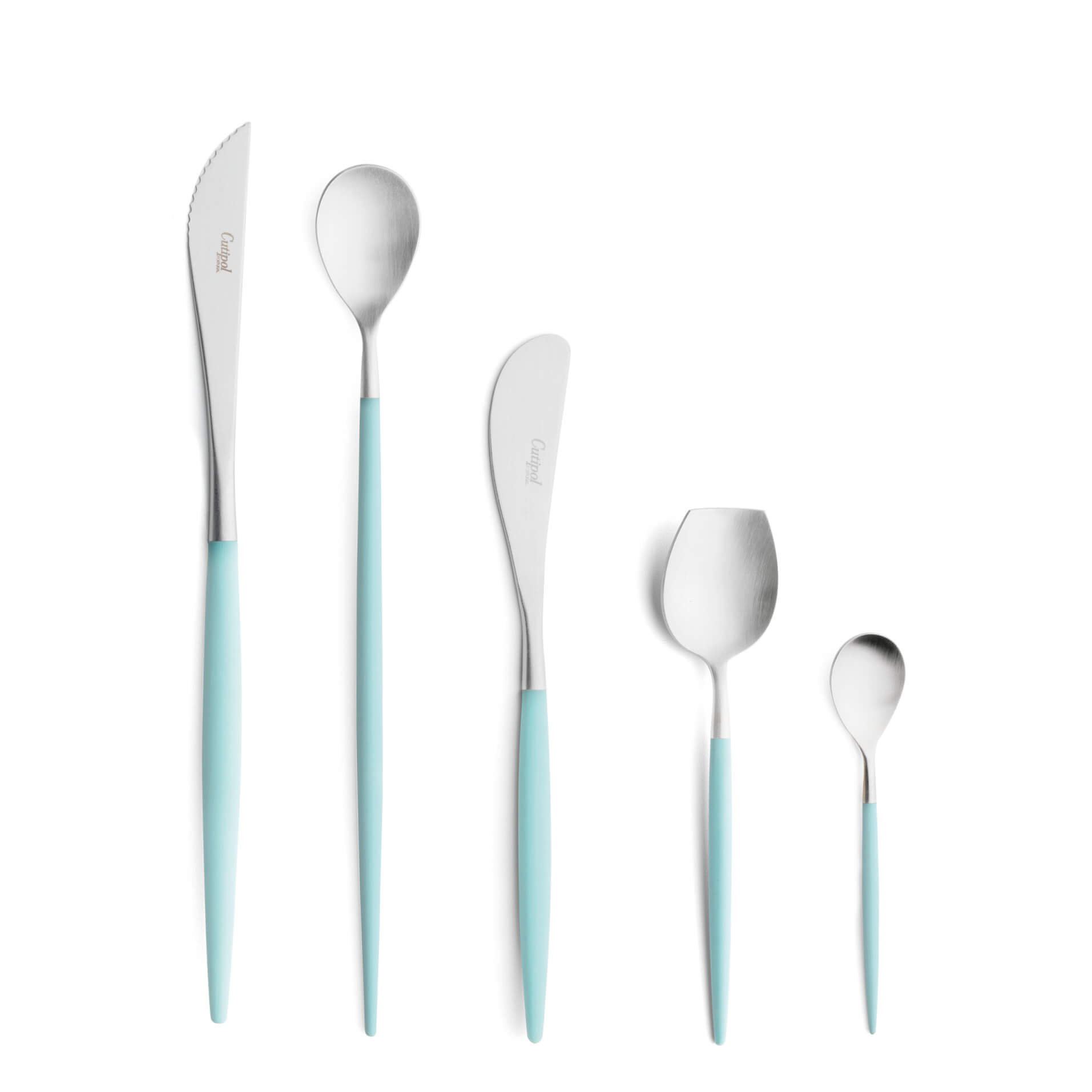 Cutipol Cutlery Mio Turquoise with steak knife, long drink spoon, butter knife, sugar spoon and moka spoon