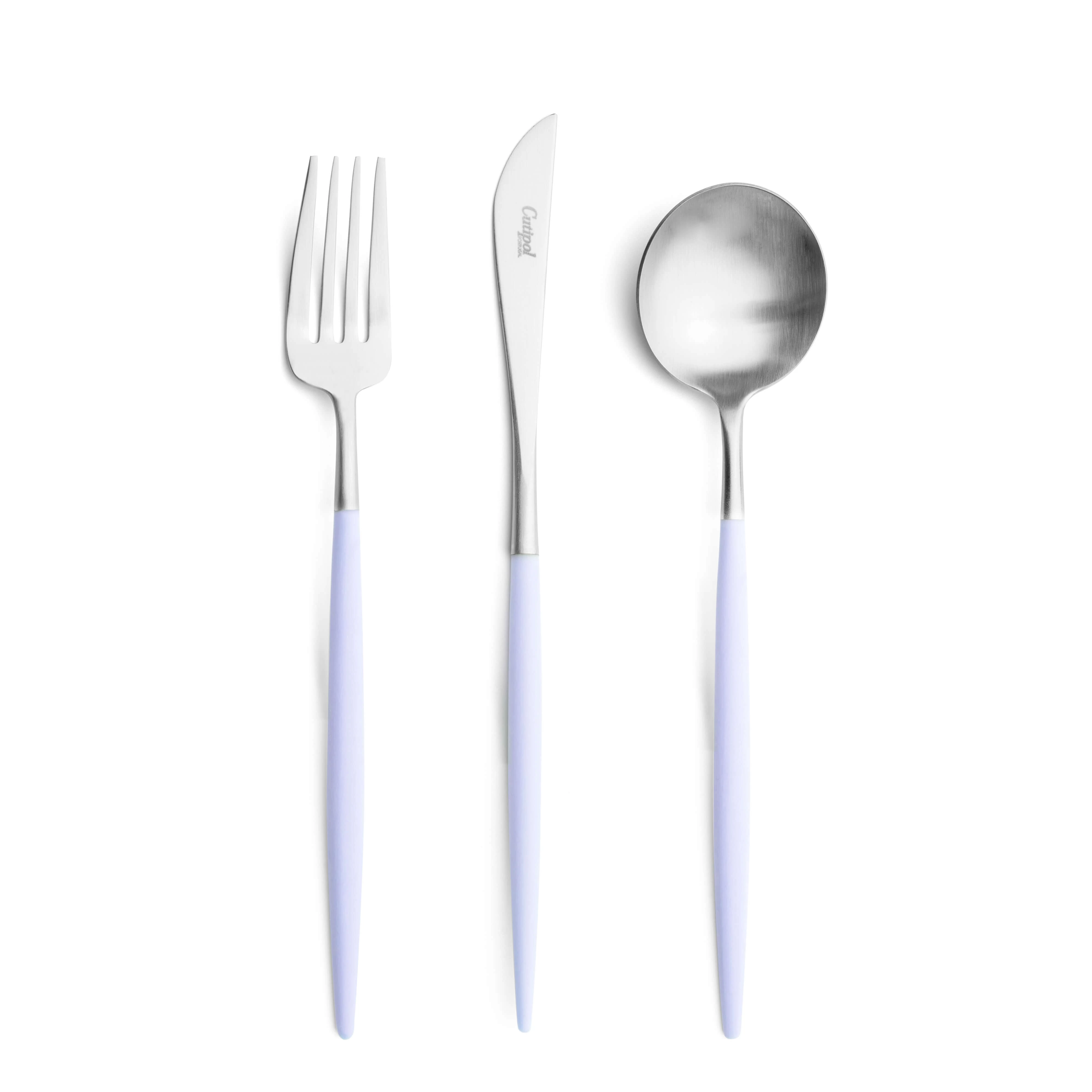 Talheres Cutipol Goa Violeta com garfo de mesa, faca de mesa e colher de mesa