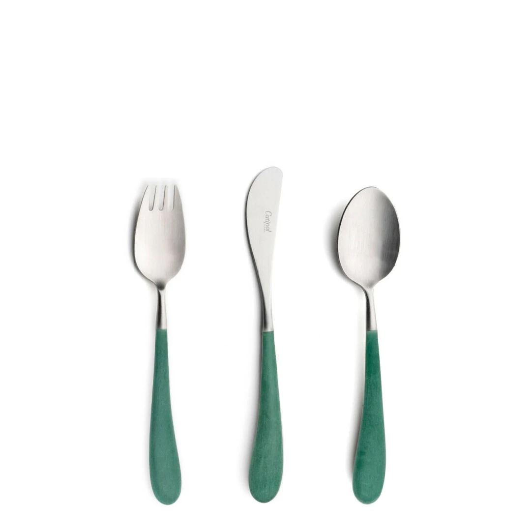 Cutipol Alice Forest Green cutlery for children with table fork, table knife and table spoon with forest green handle and brushed finish.
