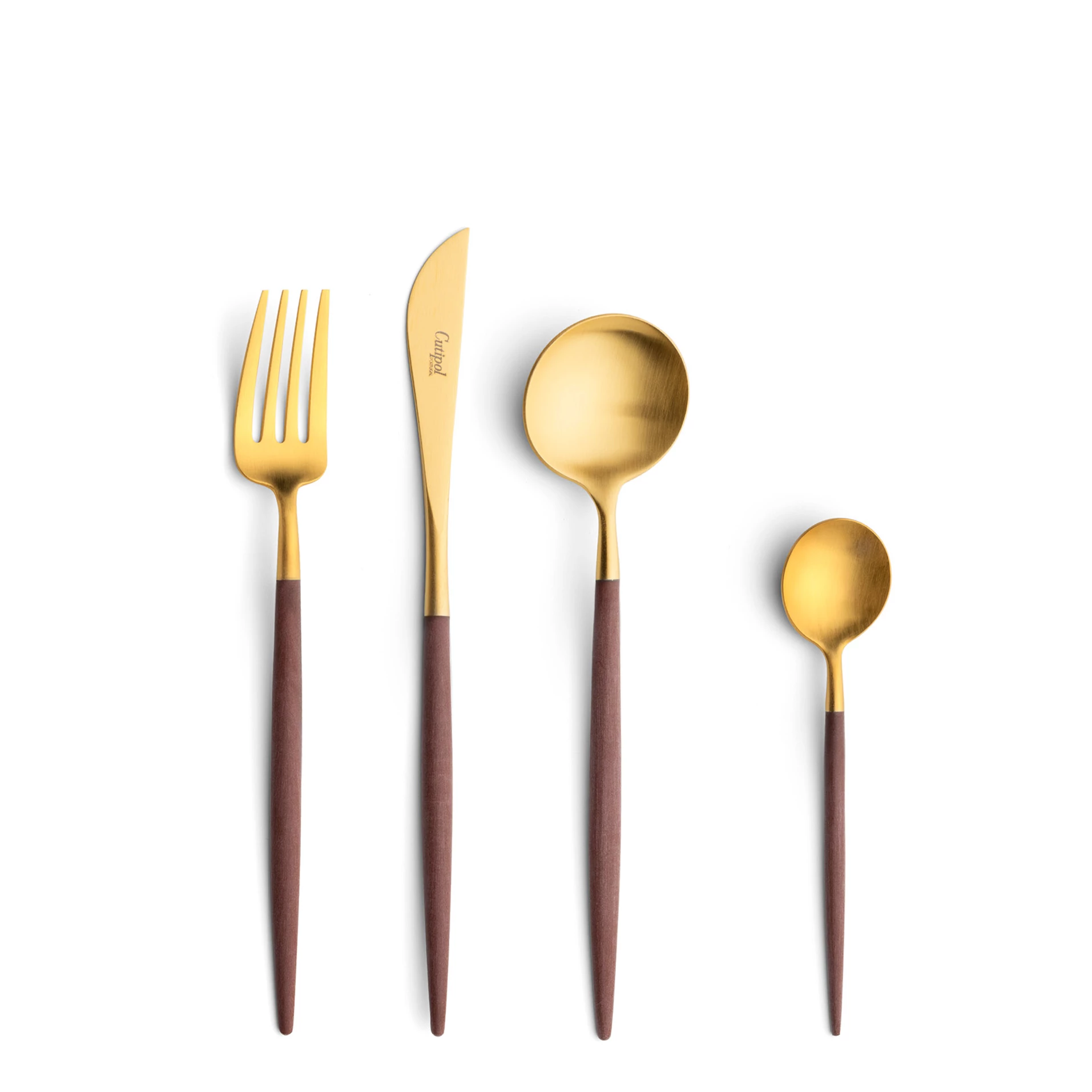 Talheres Cutipol Goa Brown  dourado com garfo de sobremesa, faca de sobremesa, colher de sobremesa e colher de chá