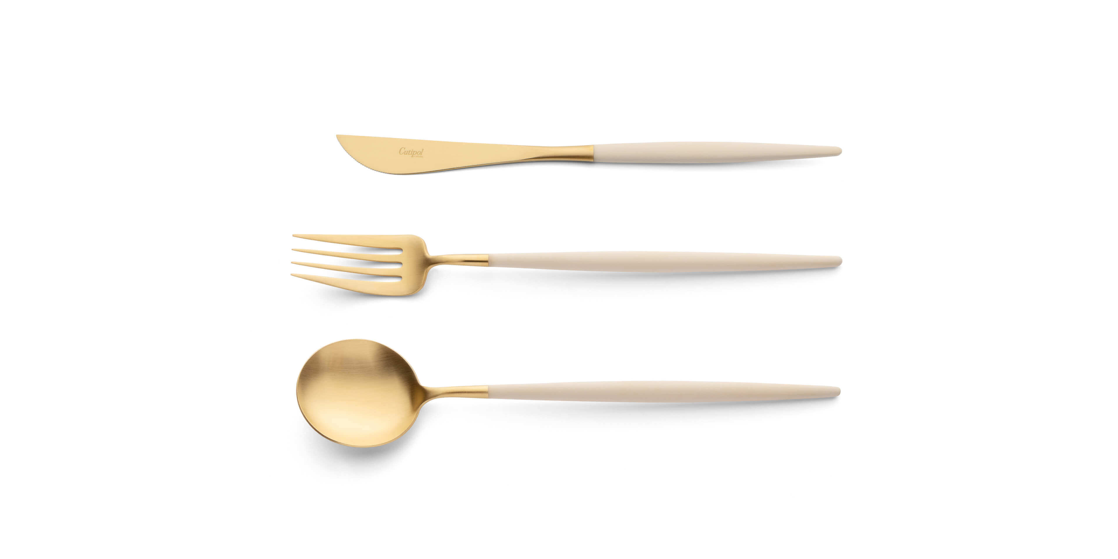 Colher de servir, garfo de servir e faca de servir Cutipol Goa Ivory dourado
