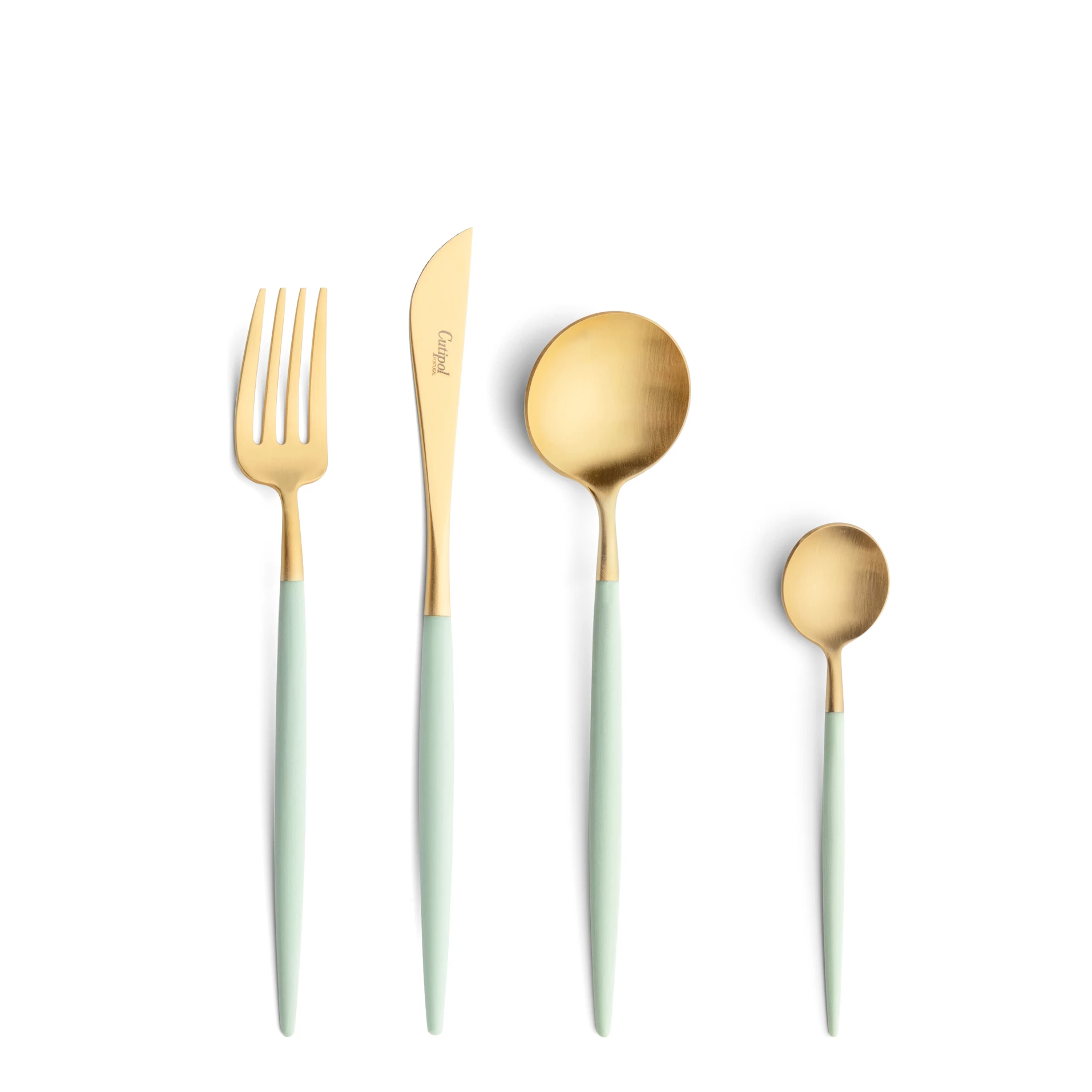 Talheres Cutipol Goa Celadon dourado com garfo de sobremesa, faca de sobremesa, colher de sobremesa e colher de chá