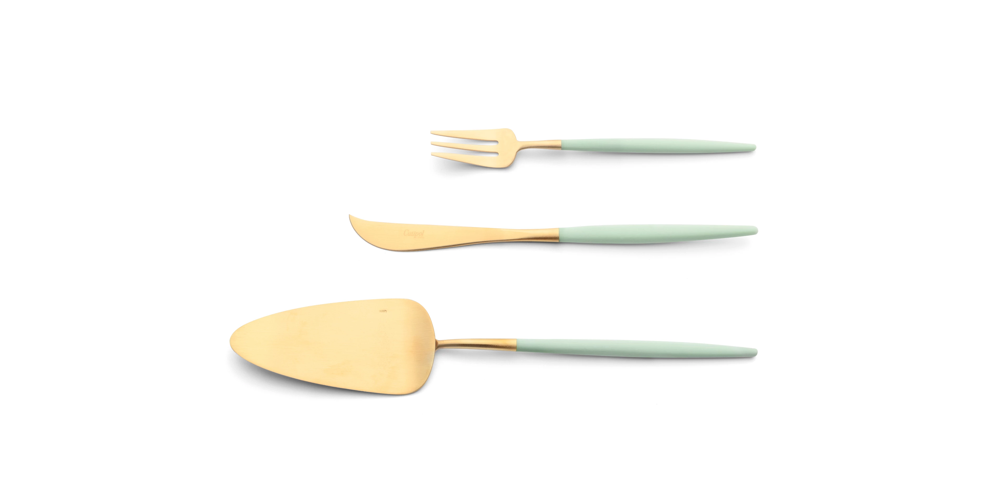 Talheres Cutipol Goa Celadon dourado com garfo de bolo, faca de queijo e pá de bolo