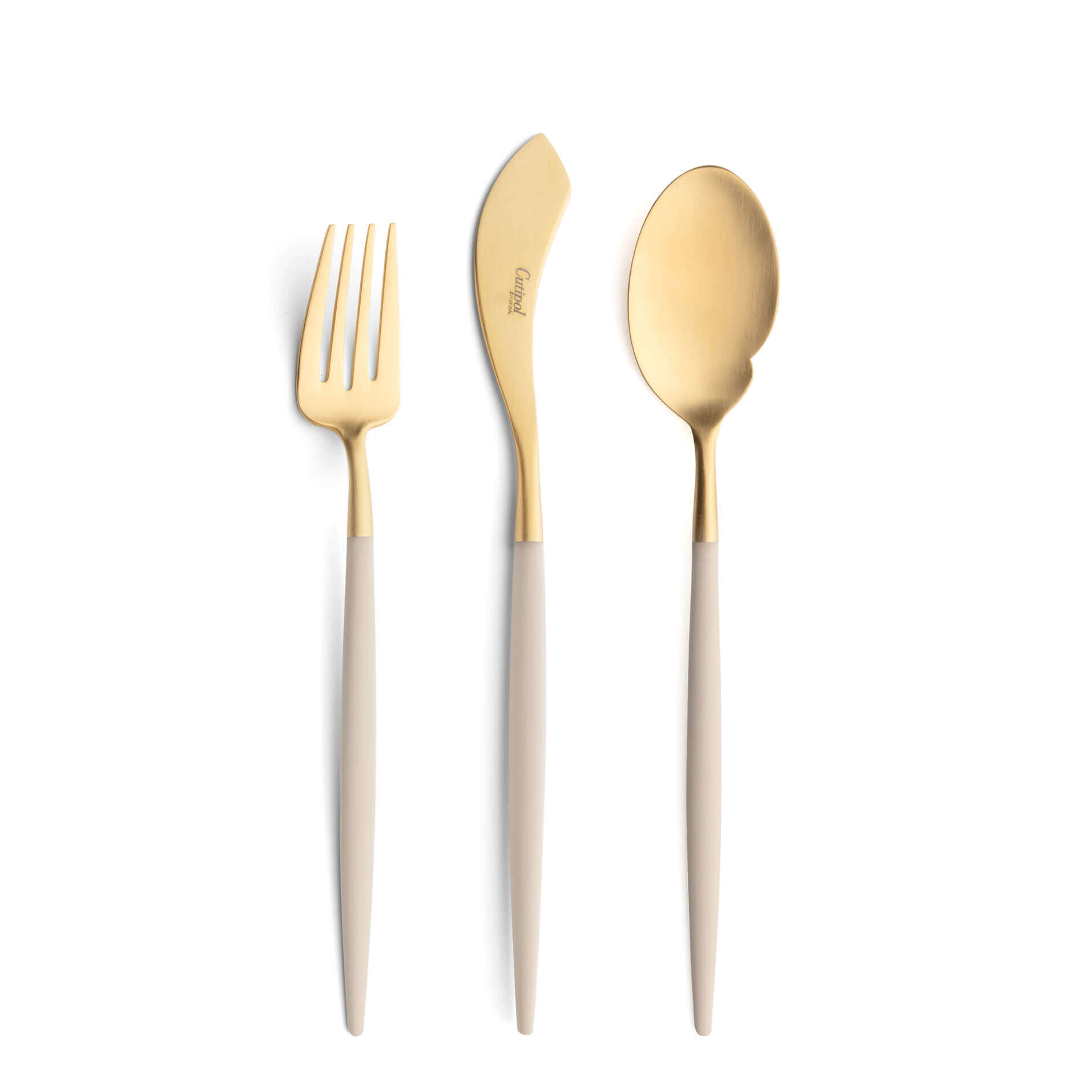Talheres Cutipol Goa Ivory dourado com garfo de peixe, faca de peixe e colher de molho individual