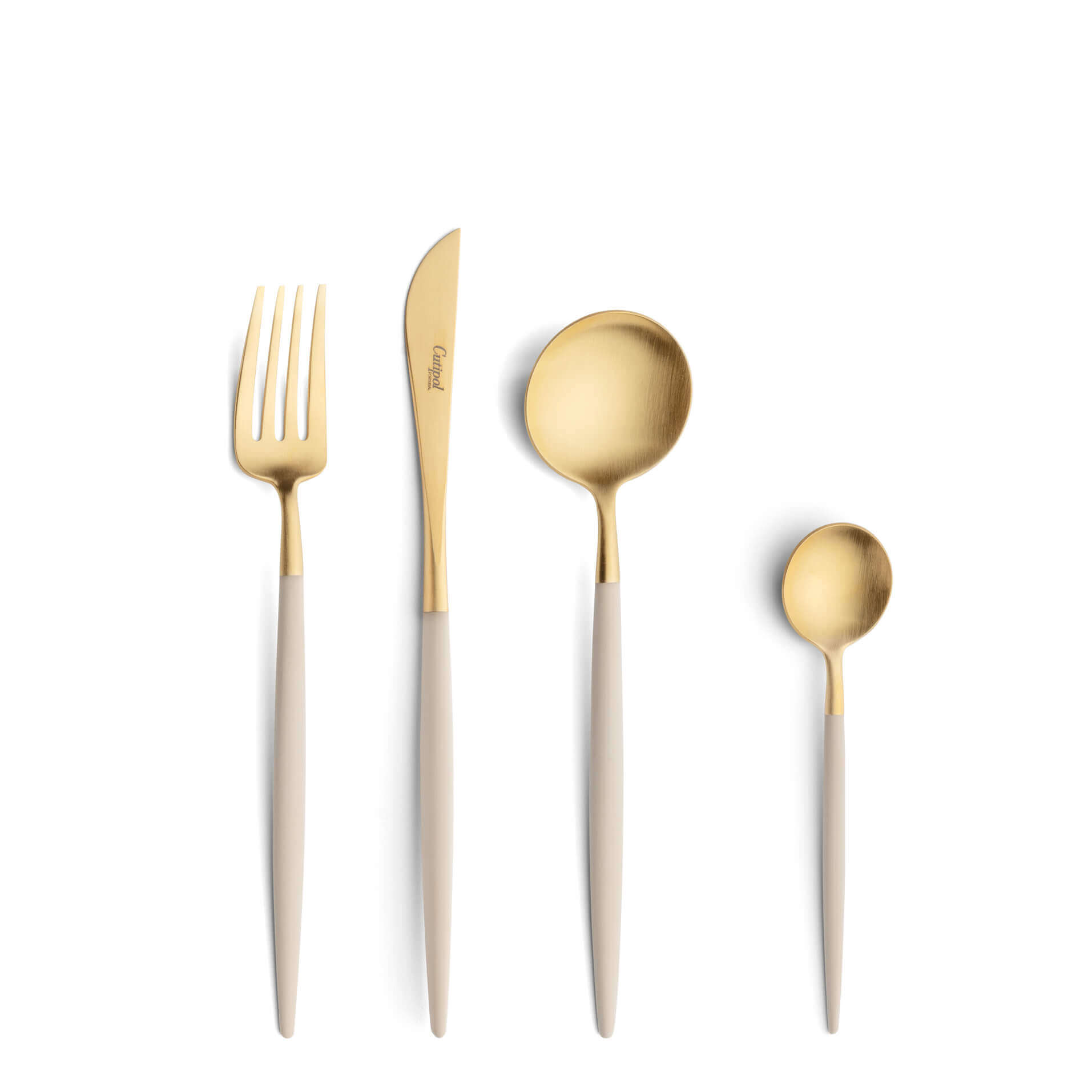 Talheres Cutipol Goa Ivory dourado com garfo de sobremesa, faca de sobremesa, colher de sobremesa e colher de chá