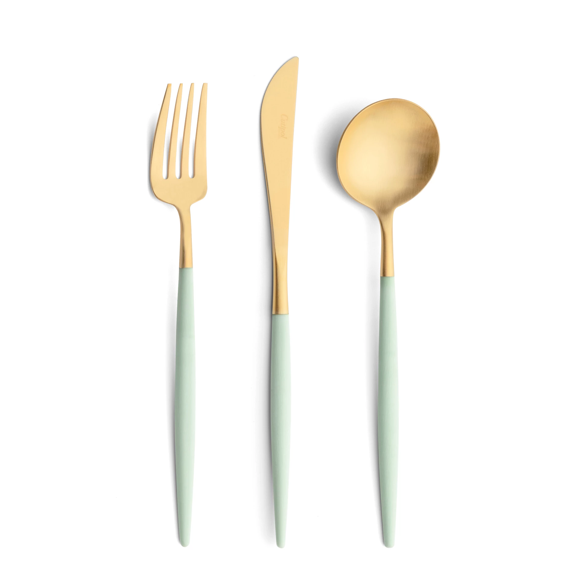 Talheres Cutipol Goa Celadon dourado com garfo de mesa, faca de mesa e colher de mesa