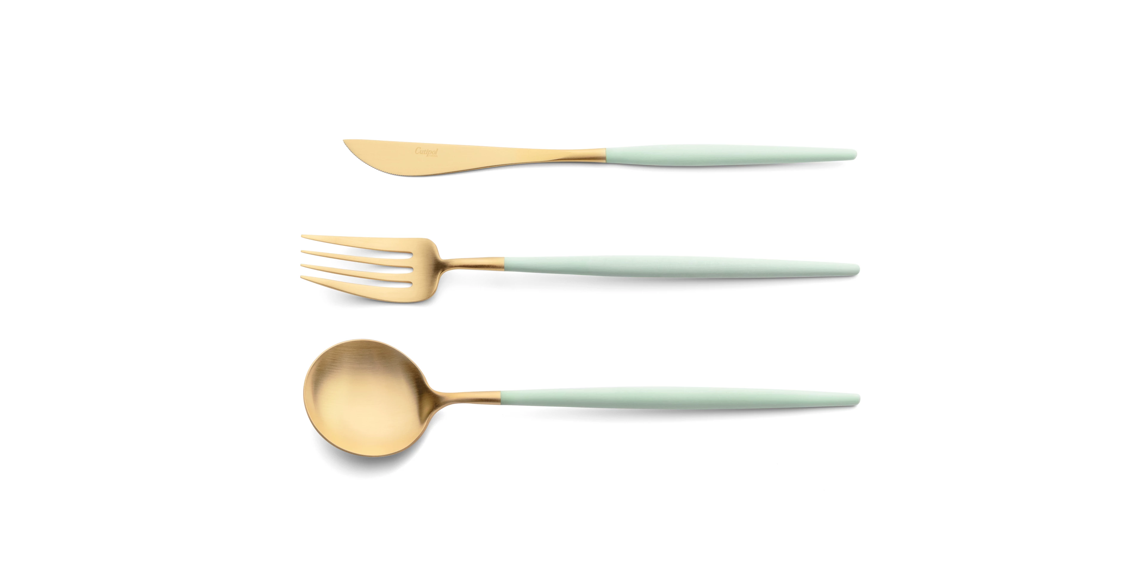 Colher de servir, garfo de servir e faca de servir Cutipol Goa Celadon dourado