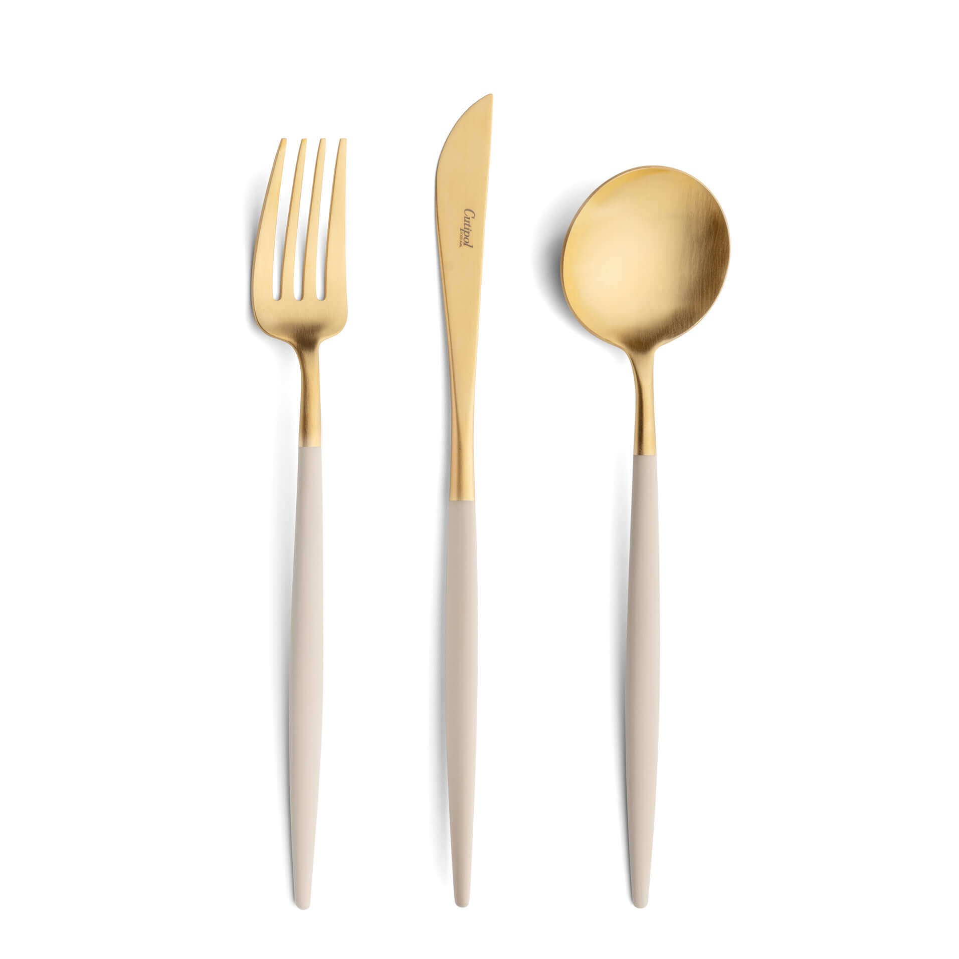 Talheres Cutipol Goa Ivory dourado com garfo de mesa, faca de mesa e colher de mesa
