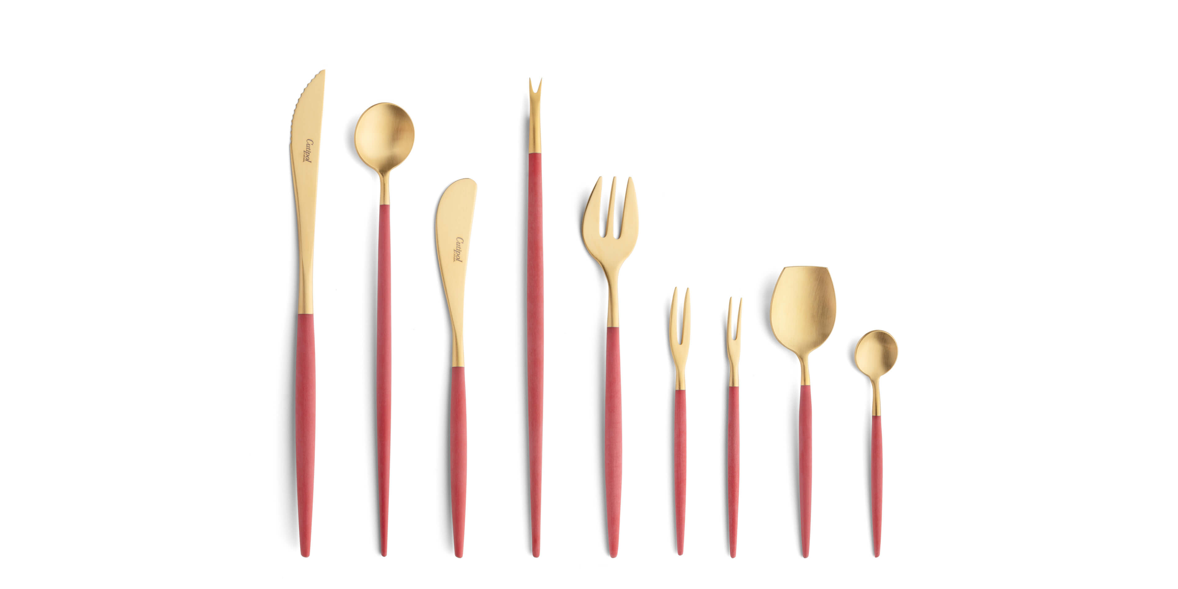 Cutipol Cutlery Goa Red Gold with steak knife, long drink spoon, butter knife, lobster fork, oyster fork, Japanese fork, snail fork, sugar spoon and moka spoon