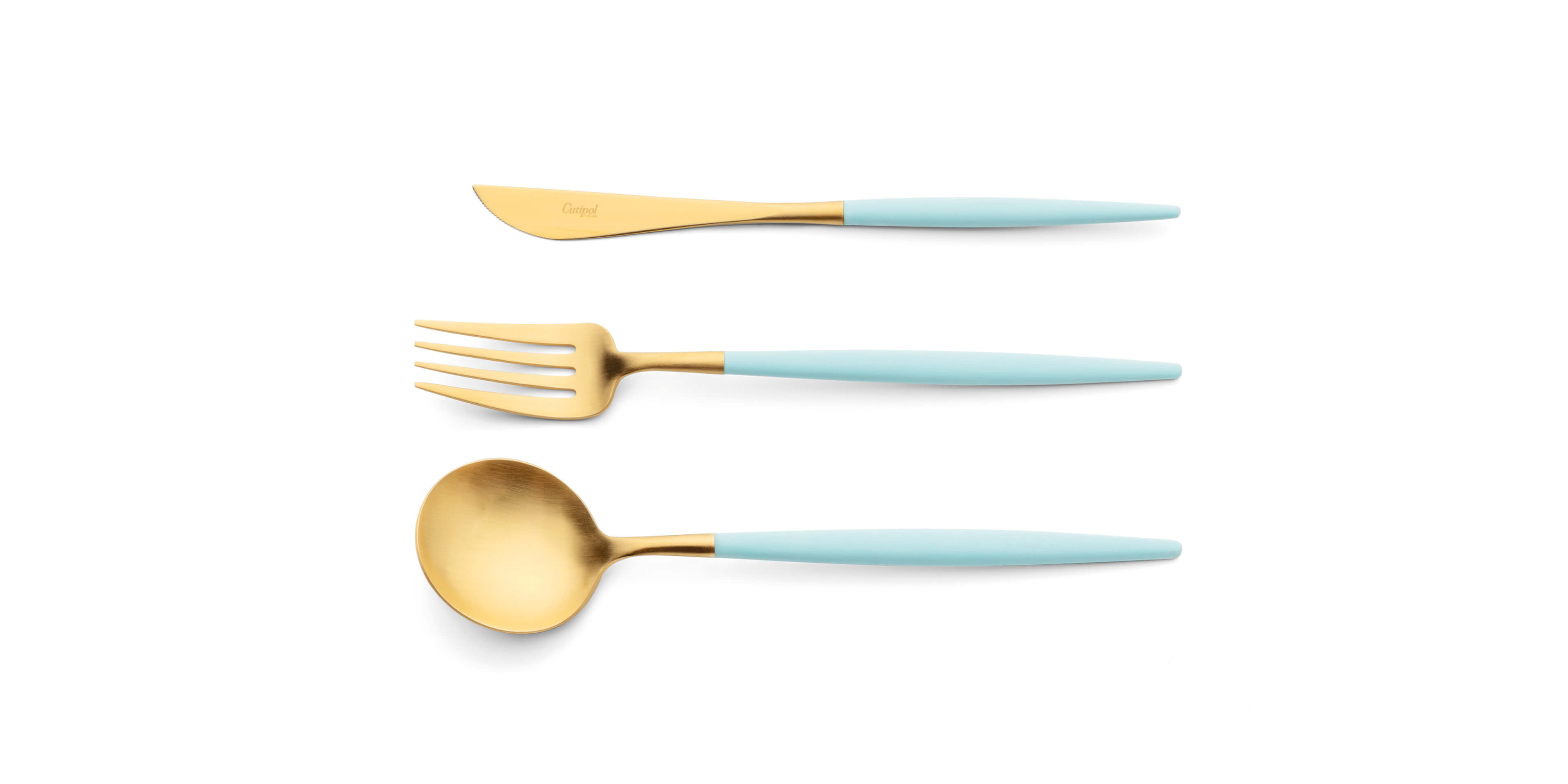 Colher de servir, garfo de servir e faca de servir Cutipol Goa Turquoise dourado