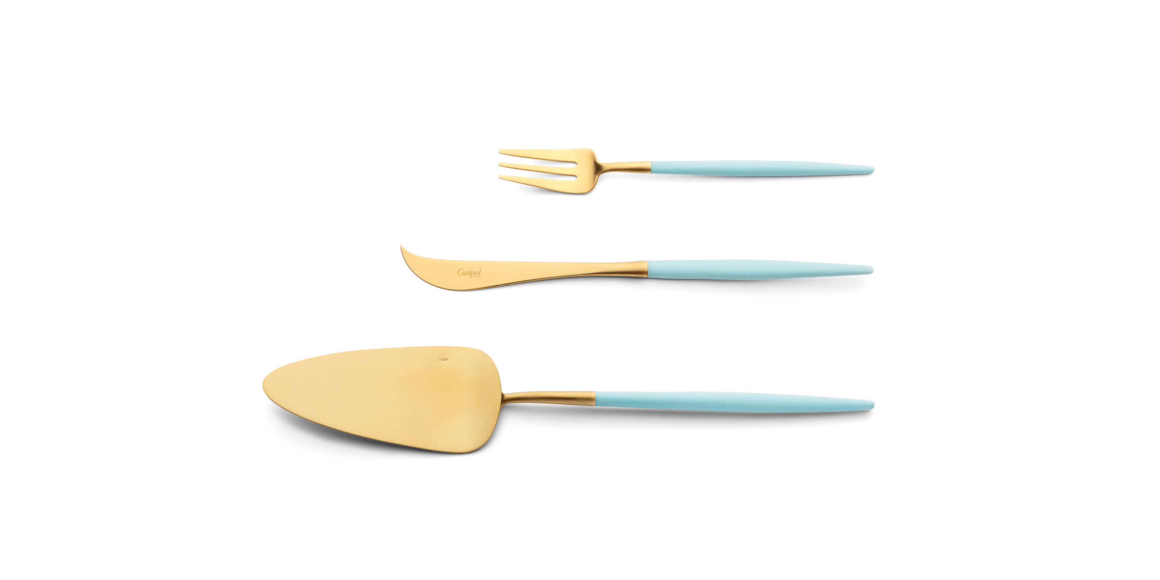 Talheres Cutipol Goa Turquoise dourado com garfo de bolo, faca de queijo e pá de bolo