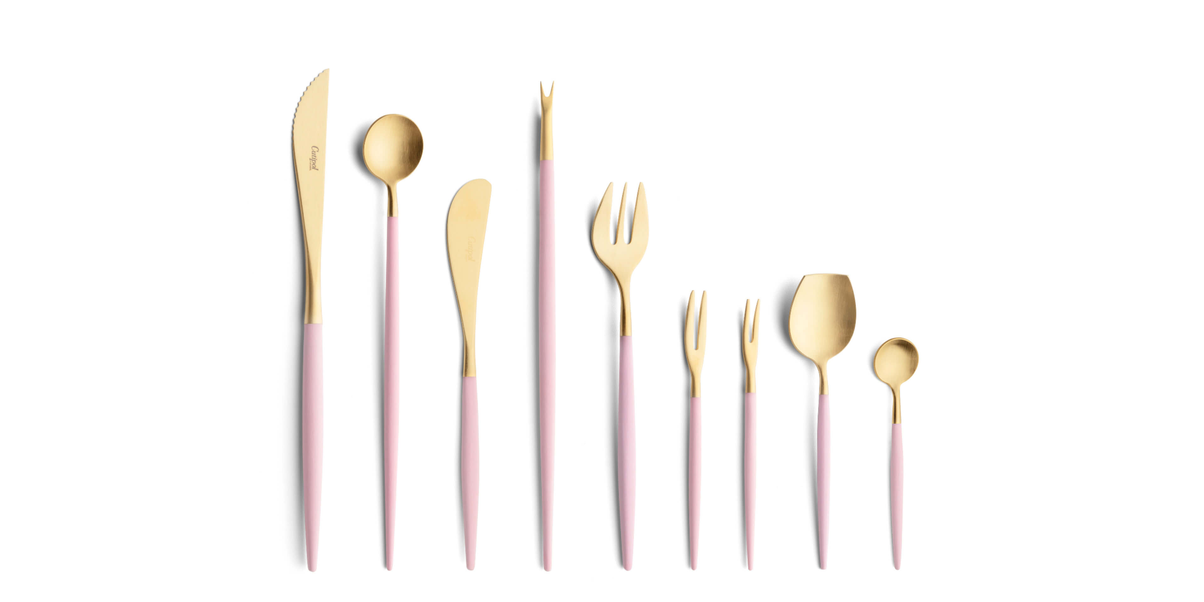 Cutipol Cutlery Goa Pink Gold with steak knife, long drink spoon, butter knife, lobster fork, oyster fork, Japanese fork, snail fork, sugar spoon and moka spoon