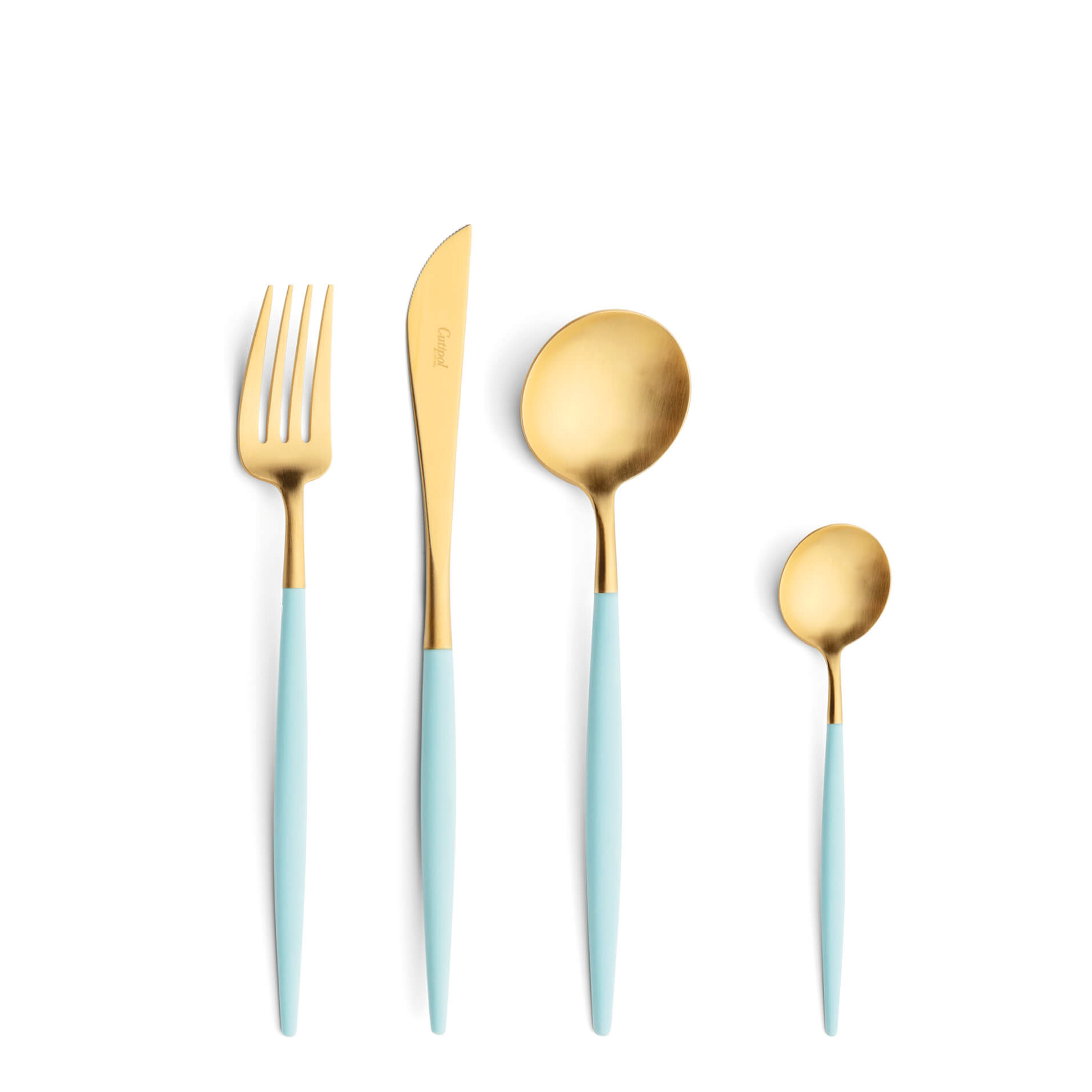 Talheres Cutipol Goa Turquoise dourado com garfo de sobremesa, faca de sobremesa, colher de sobremesa e colher de chá