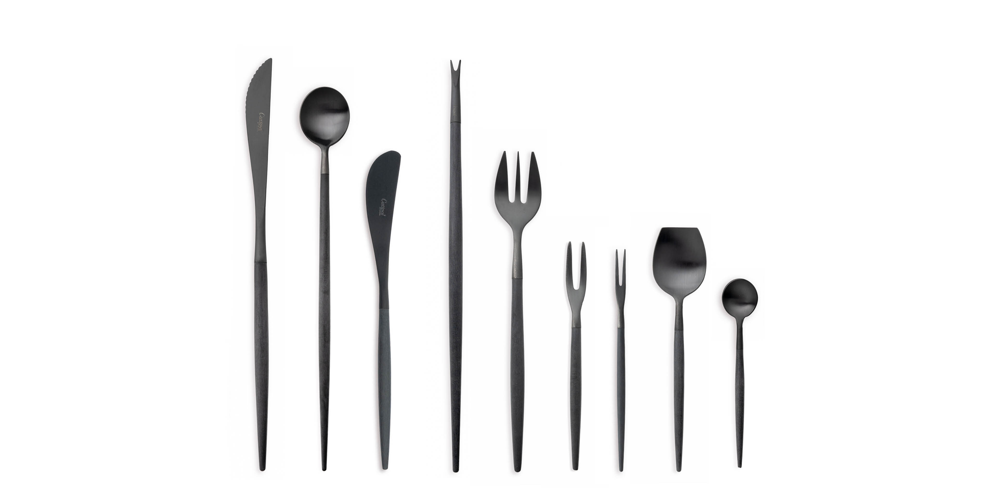 Cutipol Cutlery Goa All Black with steak knife, long drink spoon, butter knife, lobster fork, oyster fork, Japanese fork, snail fork, sugar spoon and moka spoon