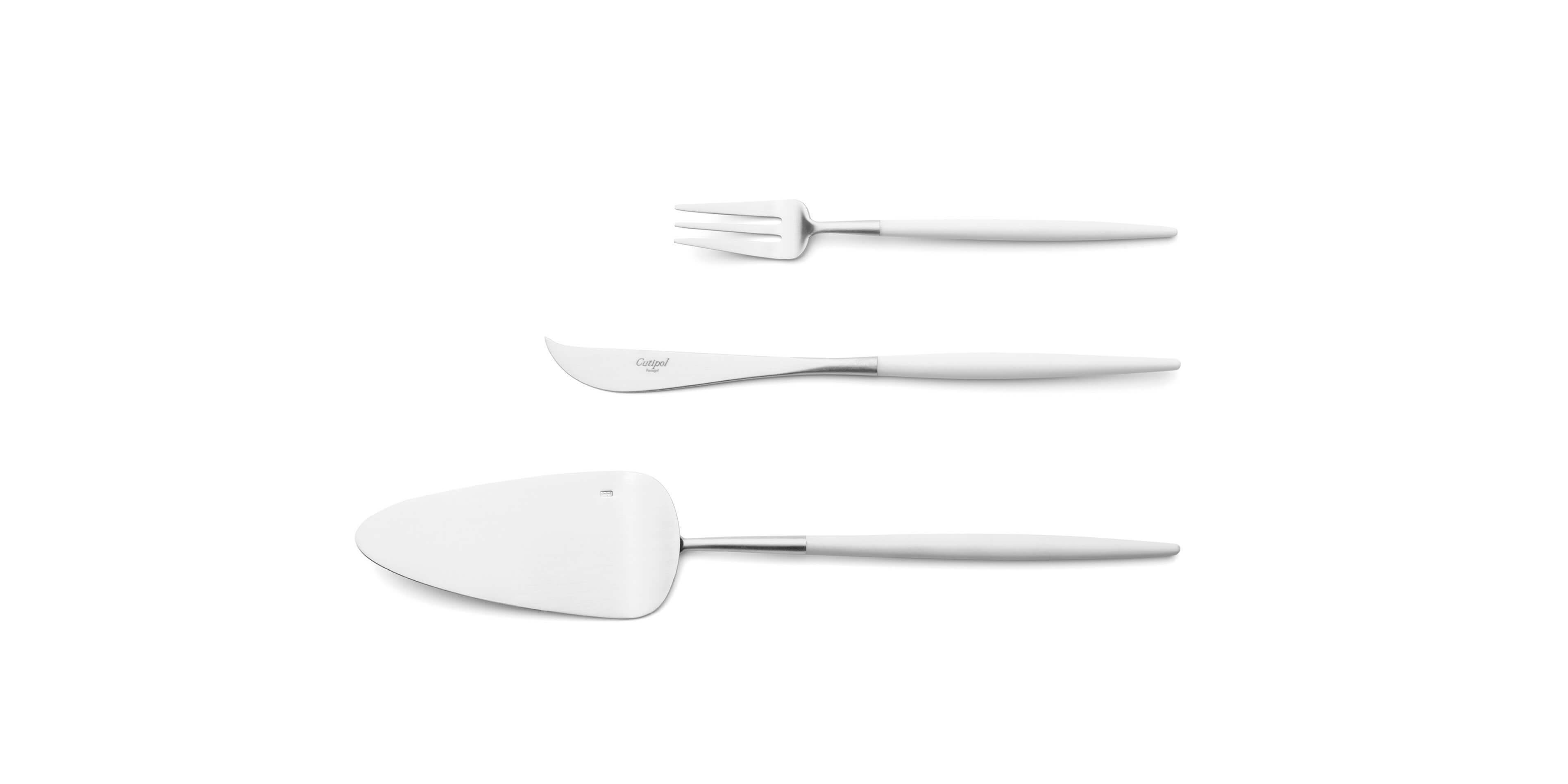 Talheres Cutipol Goa White com garfo de bolo, faca de queijo e pá de bolo