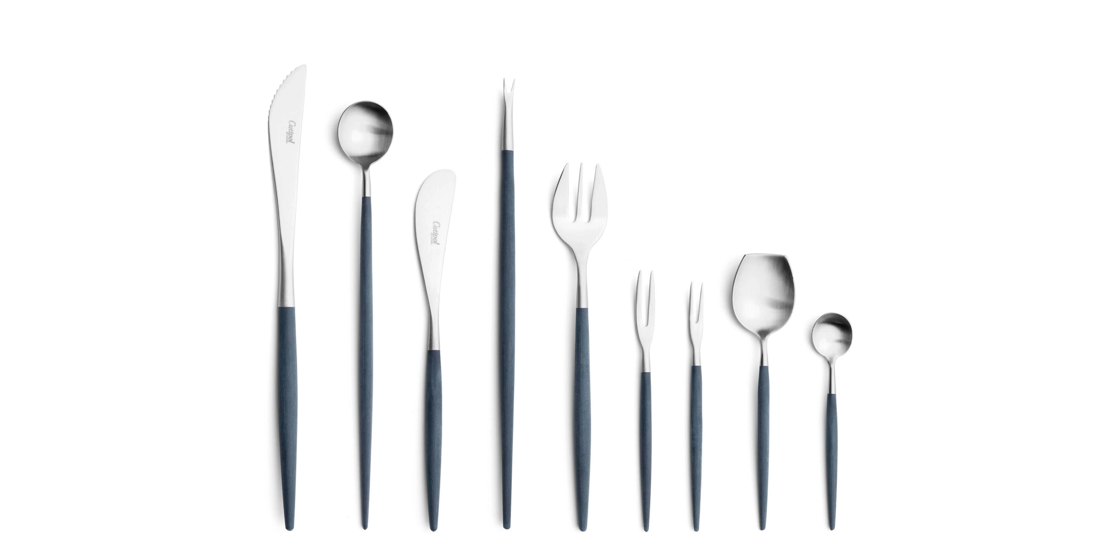 Cutipol Cutlery Goa Blue with steak knife, long drink spoon, butter knife, lobster fork, oyster fork, Japanese fork, snail fork, sugar spoon and moka spoon