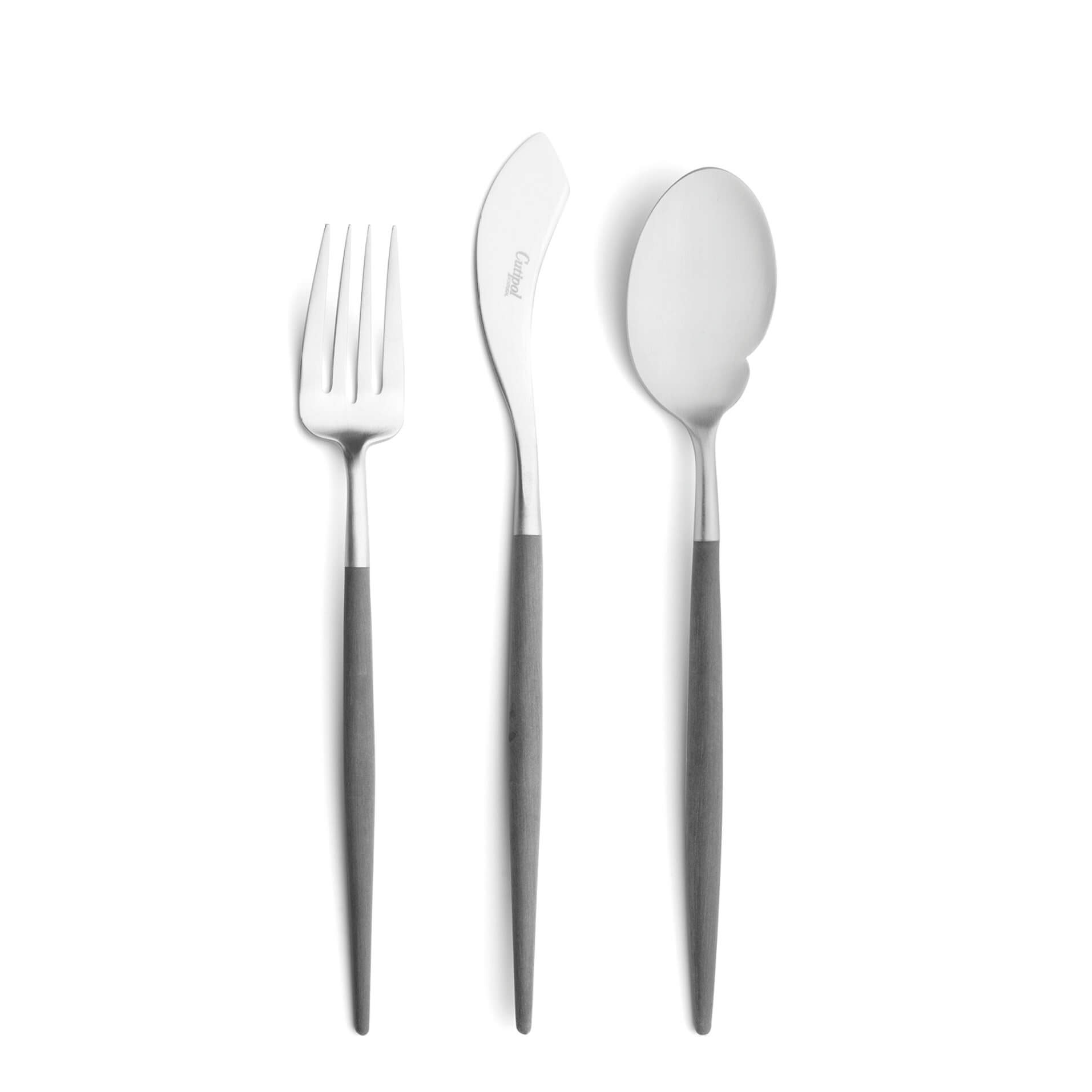 Talheres Cutipol Goa Grey com garfo de peixe, faca de peixe e colher de molho individual
