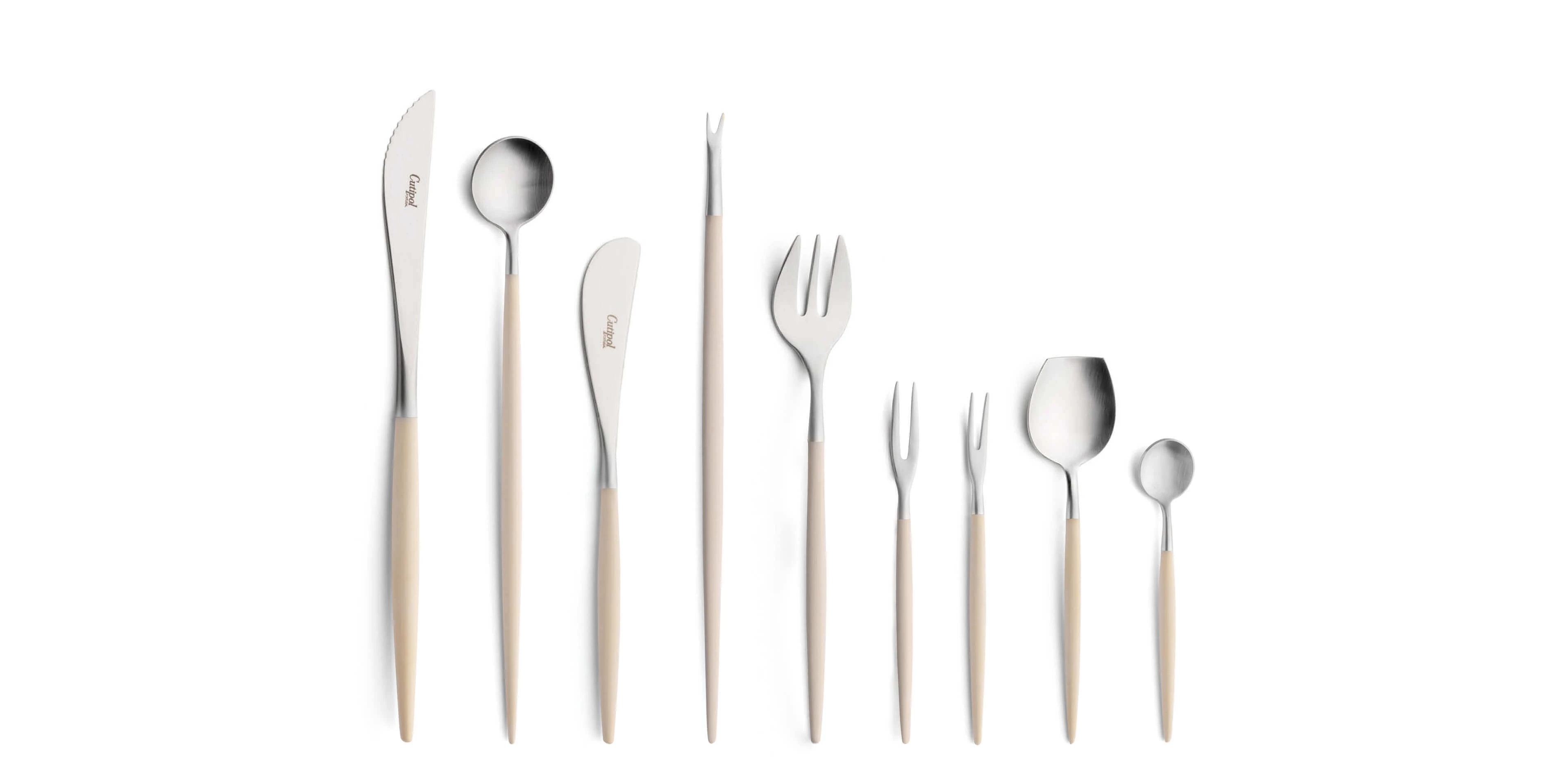 Cutipol Cutlery Goa Ivory with steak knife, long drink spoon, butter knife, lobster fork, oyster fork, Japanese fork, snail fork, sugar spoon and moka spoon