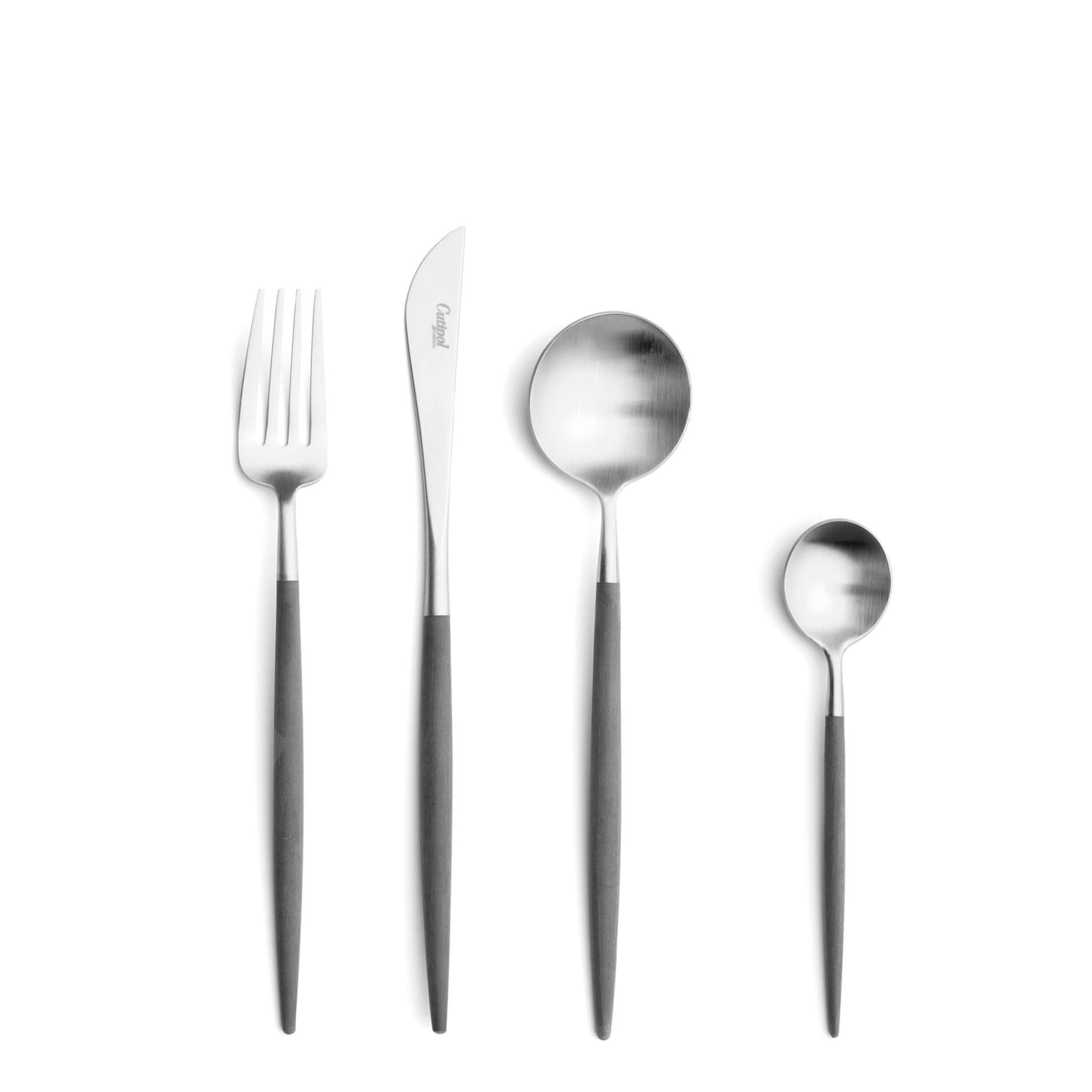 Talheres Cutipol Goa Grey com garfo de sobremesa, faca de sobremesa, colher de sobremesa e colher de chá