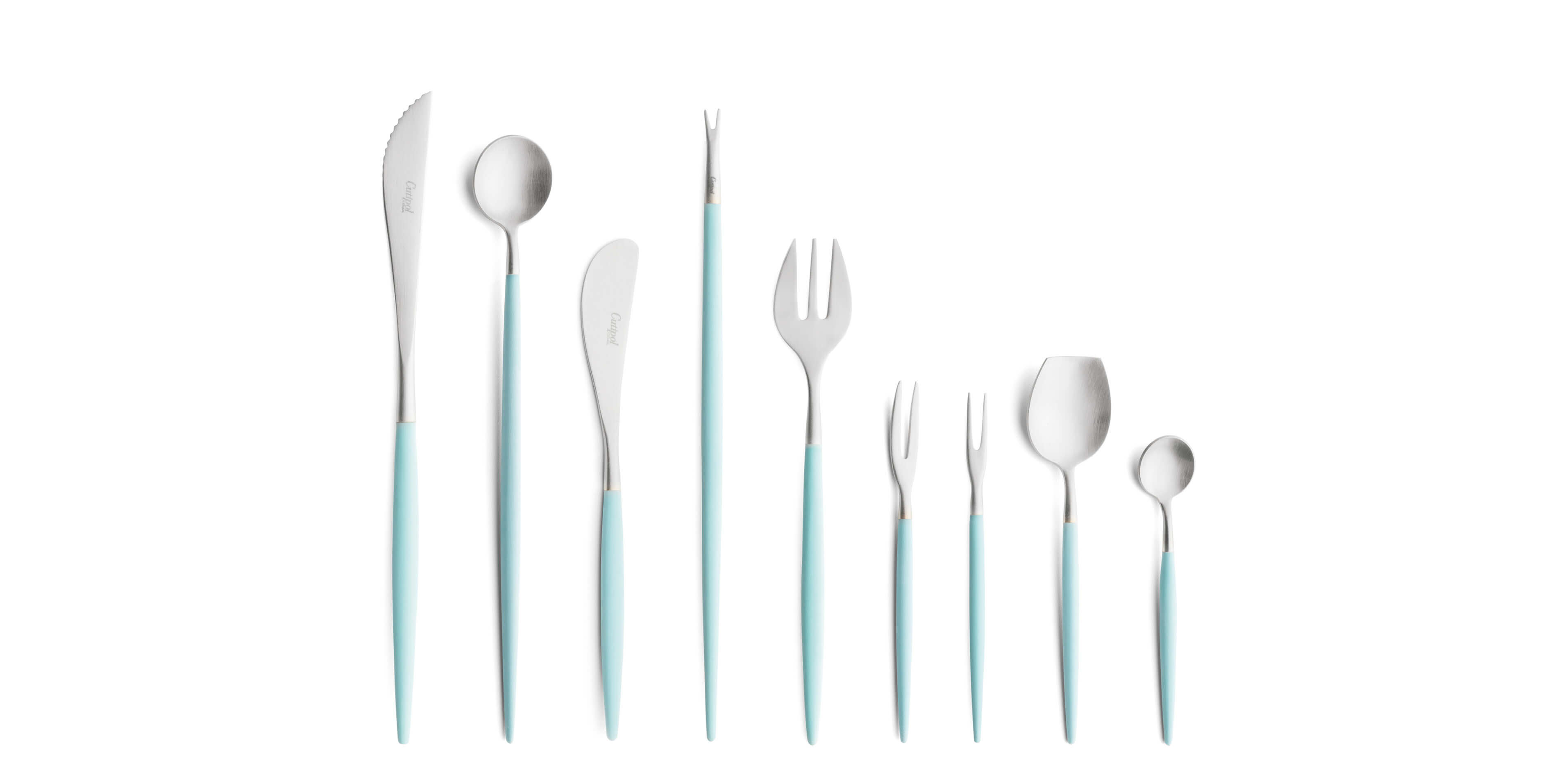 Cutipol Cutlery Goa Turquoise with steak knife, long drink spoon, butter knife, lobster fork, oyster fork, Japanese fork, snail fork, sugar spoon and moka spoon