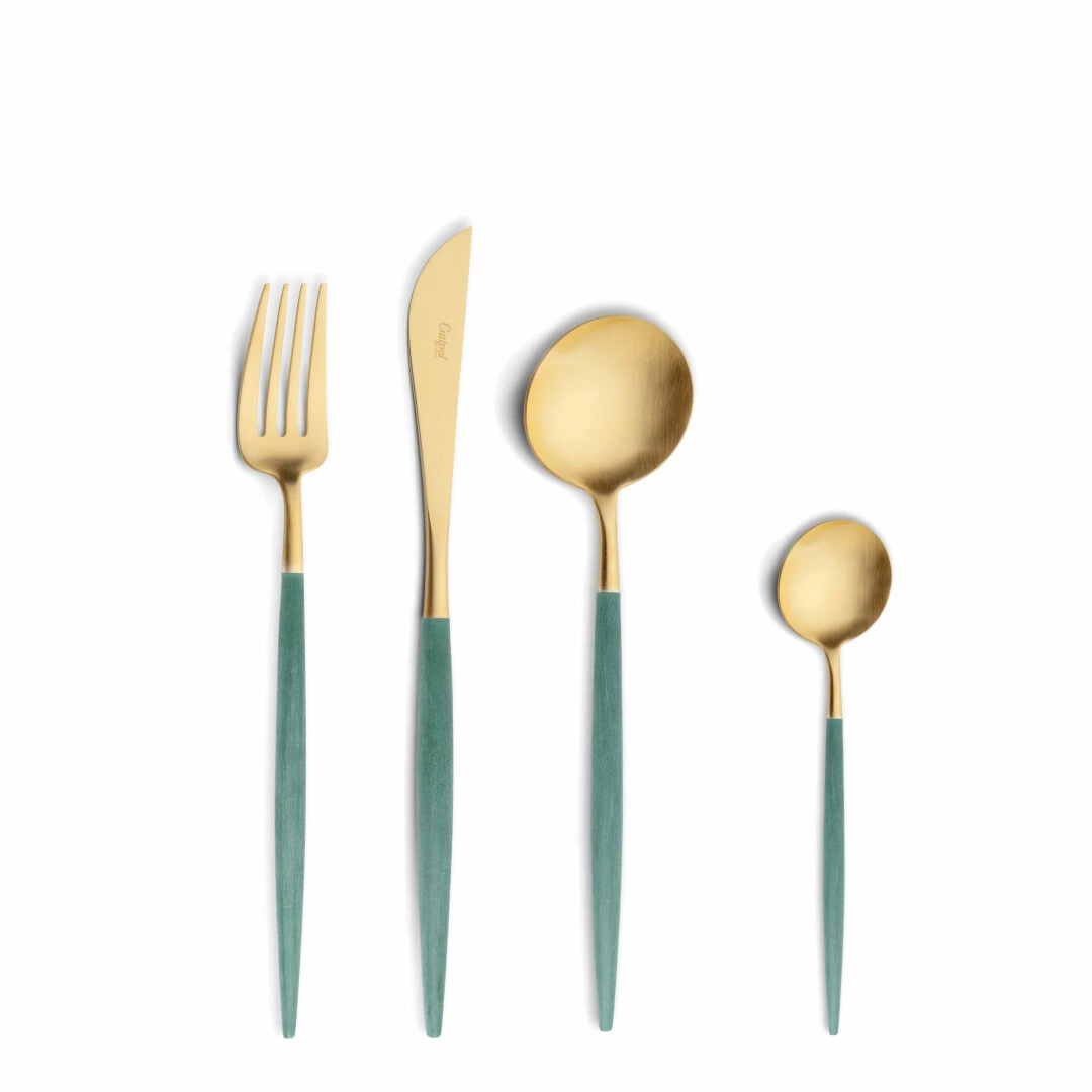 Talheres Cutipol Goa Forest Green  dourado com garfo de sobremesa, faca de sobremesa, colher de sobremesa e colher de chá