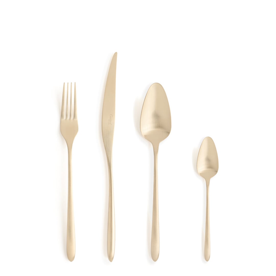 Talheres Cutipol AM Aires Mateus Matte Champagne com garfo de sobremesa, faca de sobremesa, colher de sobremesa, colher de chá