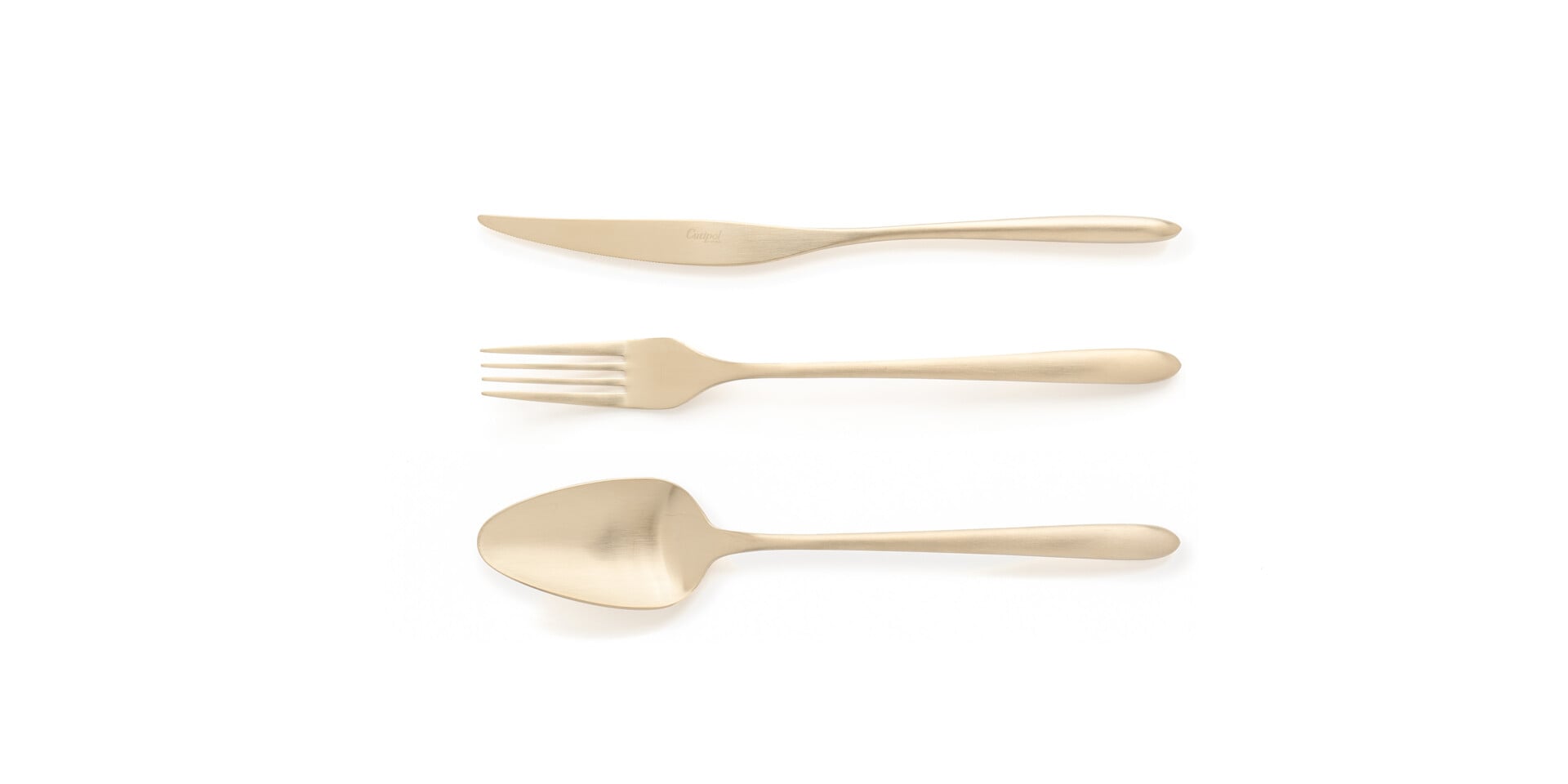 Talheres Cutipol AM Aires Mateus Matte Champagne com garfo de servir, faca de servir, colher de servir